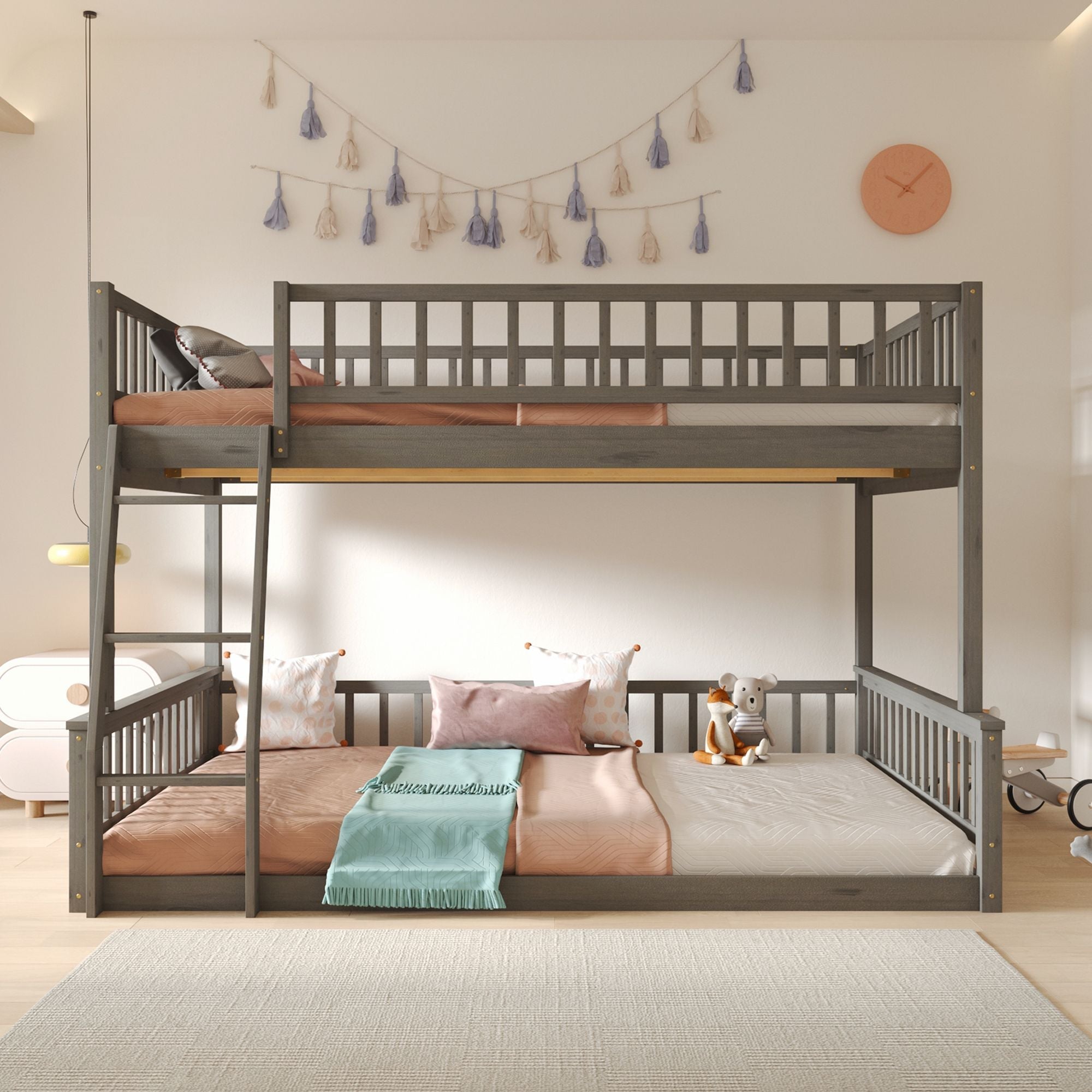 Full XL Over Queen Wood Bunk Bed with Ladder and Guardrails, Gray | Just Better Bunk Beds