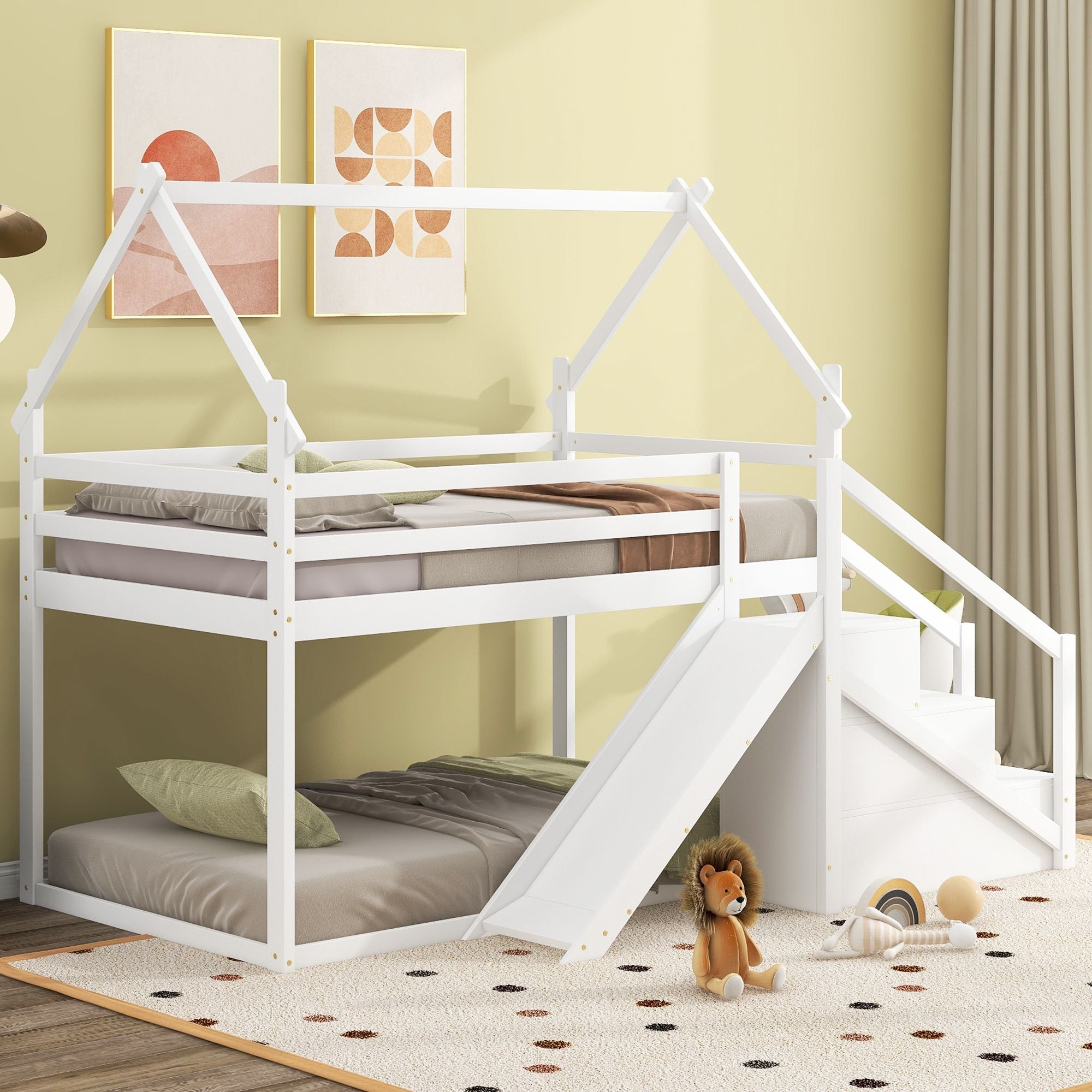 Fun and Functional Twin Over Twin Wood Loft Bed with Slide and Staircase, White | Just Better Bunk Beds