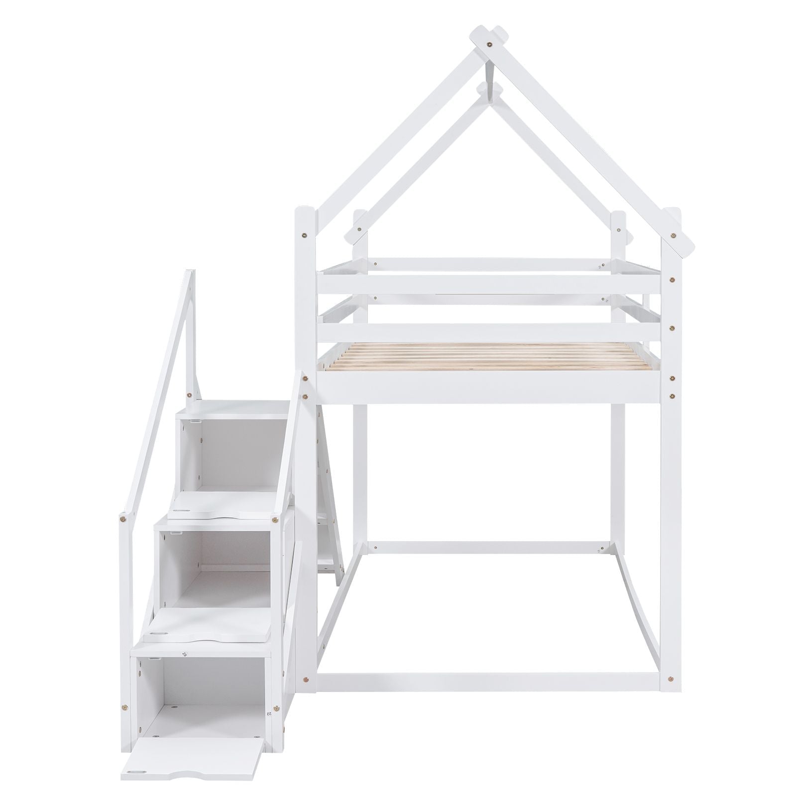 Fun and Functional Twin Over Twin Wood Loft Bed with Slide and Staircase, White | Just Better Bunk Beds