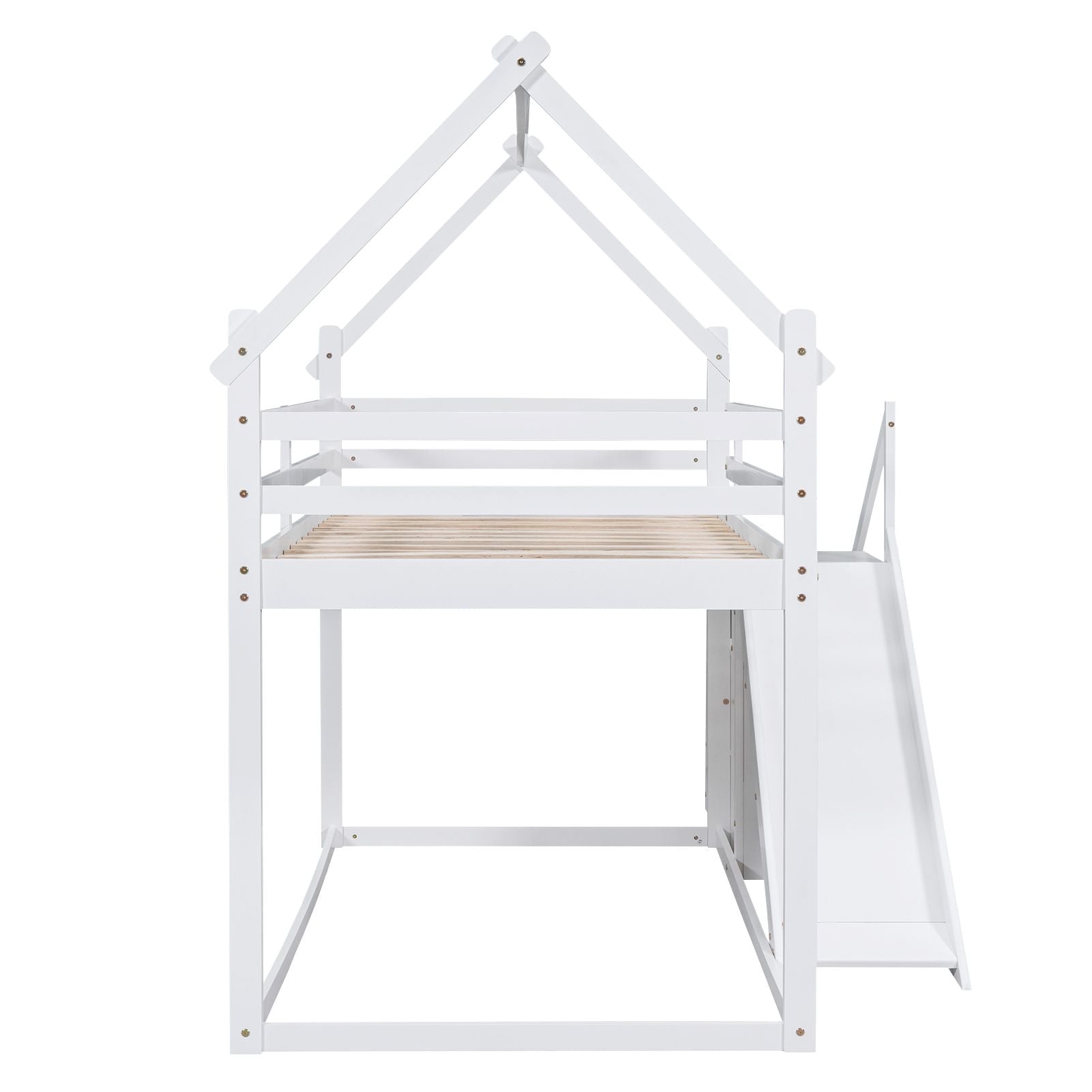 Fun and Functional Twin Over Twin Wood Loft Bed with Slide and Staircase, White | Just Better Bunk Beds