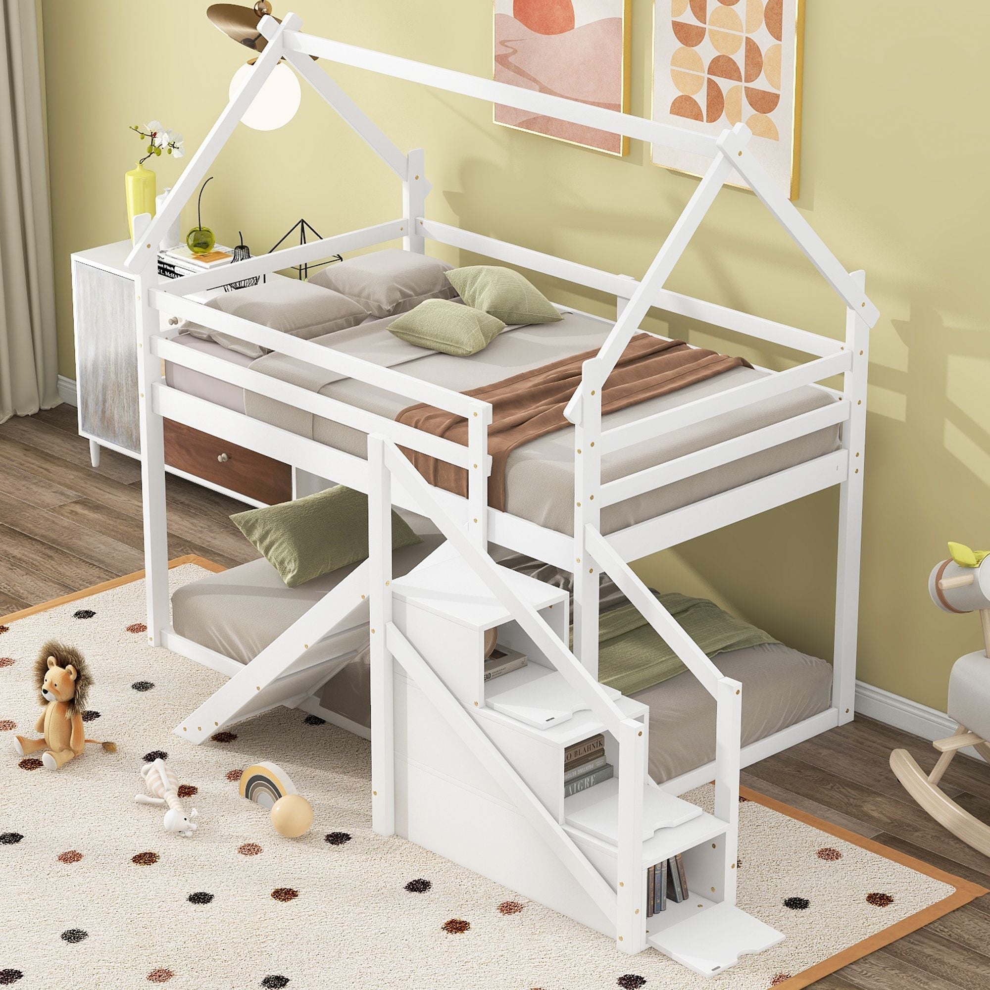 Fun and Functional Twin Over Twin Wood Loft Bed with Slide and Staircase, White | Just Better Bunk Beds