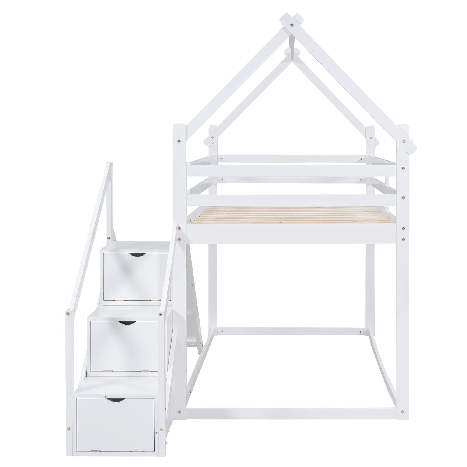 Fun and Functional Twin Over Twin Wood Loft Bed with Slide and Staircase, White | Just Better Bunk Beds