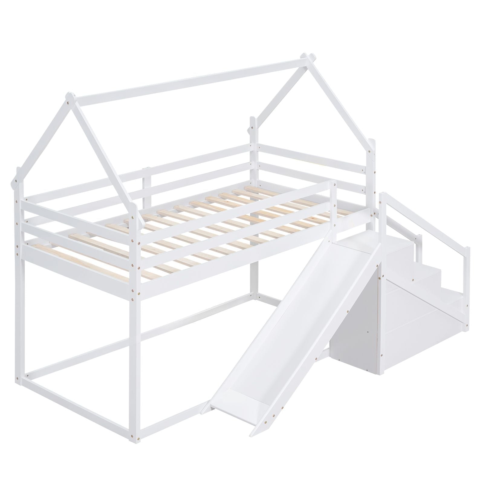 Fun and Functional Twin Over Twin Wood Loft Bed with Slide and Staircase, White | Just Better Bunk Beds