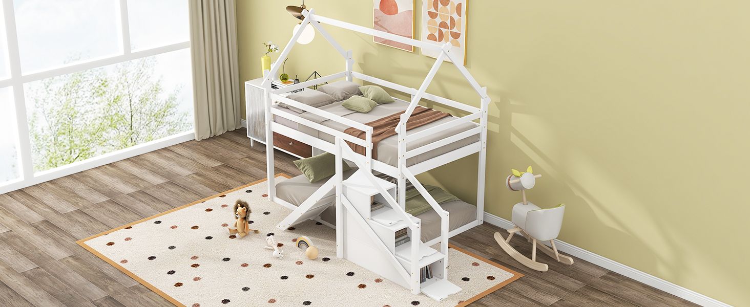 Fun and Functional Twin Over Twin Wood Loft Bed with Slide and Staircase, White | Just Better Bunk Beds