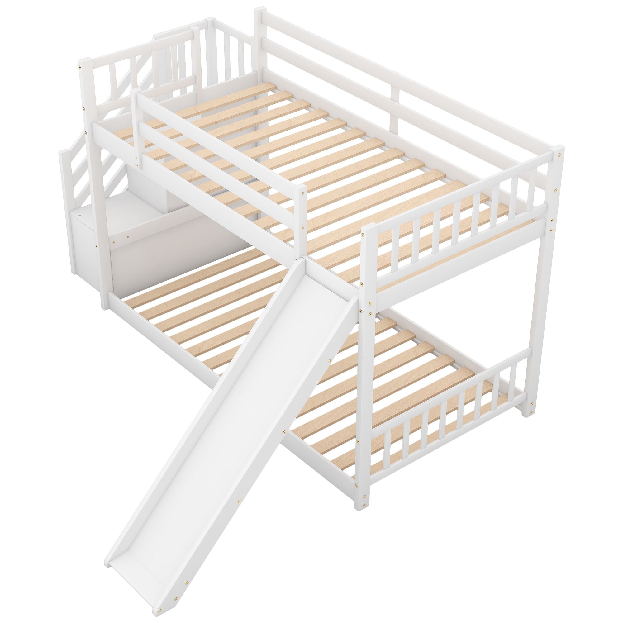 Fun and Safe Twin Over Twin Wood Bunk Bed with Slide and Stairway, Gray or White | Just Better Bunk Beds