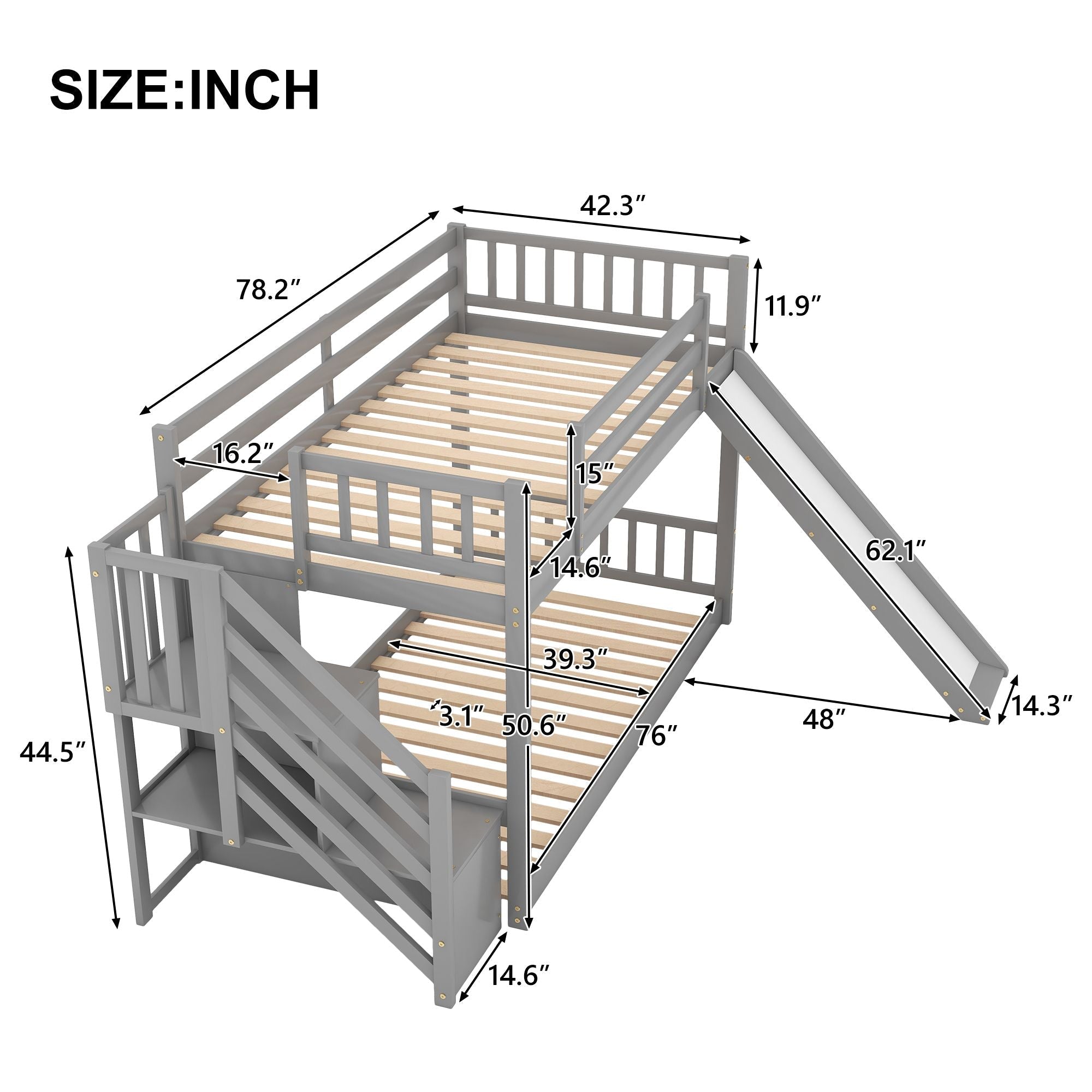 Fun and Safe Twin Over Twin Wood Bunk Bed with Slide and Stairway, Gray or White | Just Better Bunk Beds
