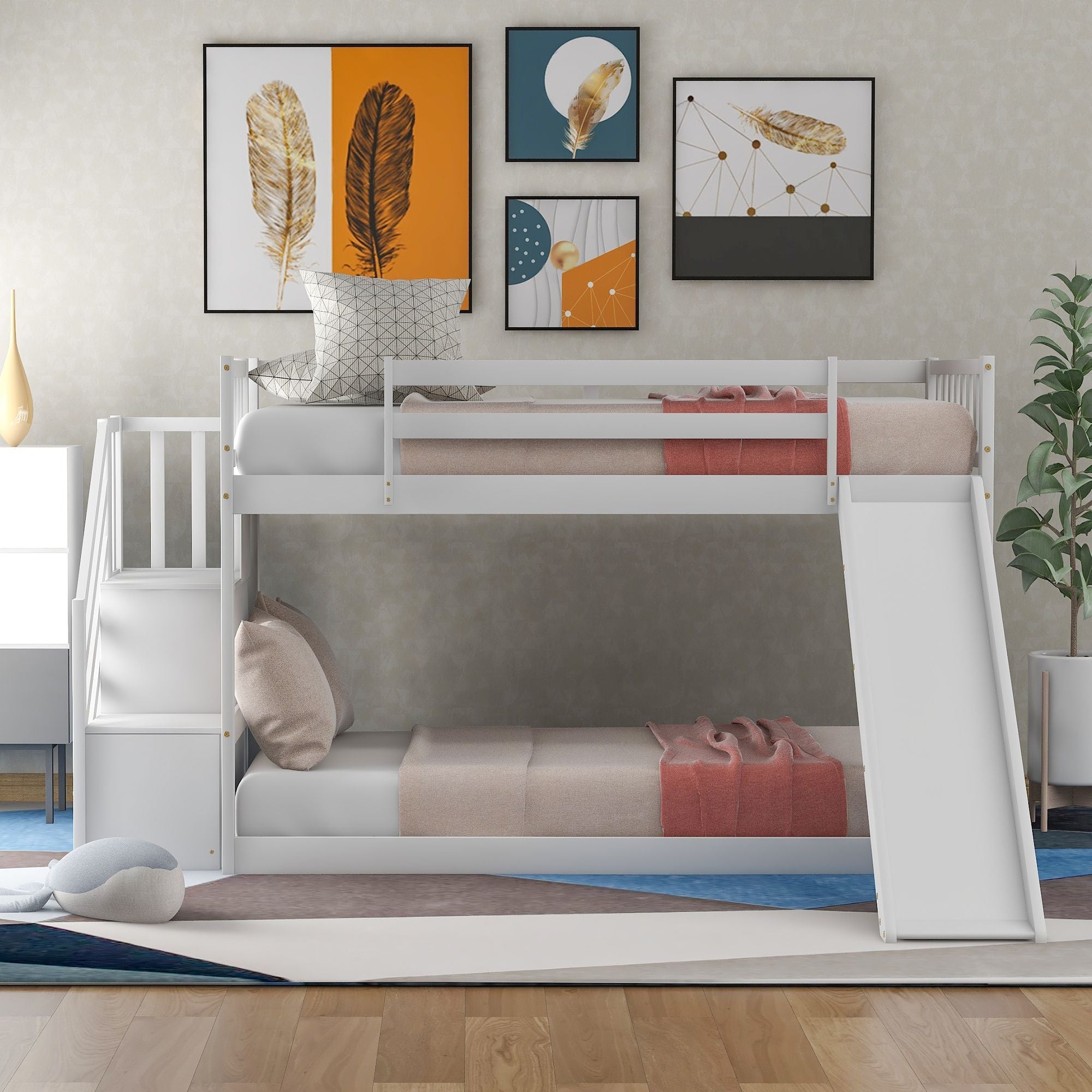 Fun and Safe Twin Over Twin Wood Bunk Bed with Slide and Stairway, Gray or White | Just Better Bunk Beds