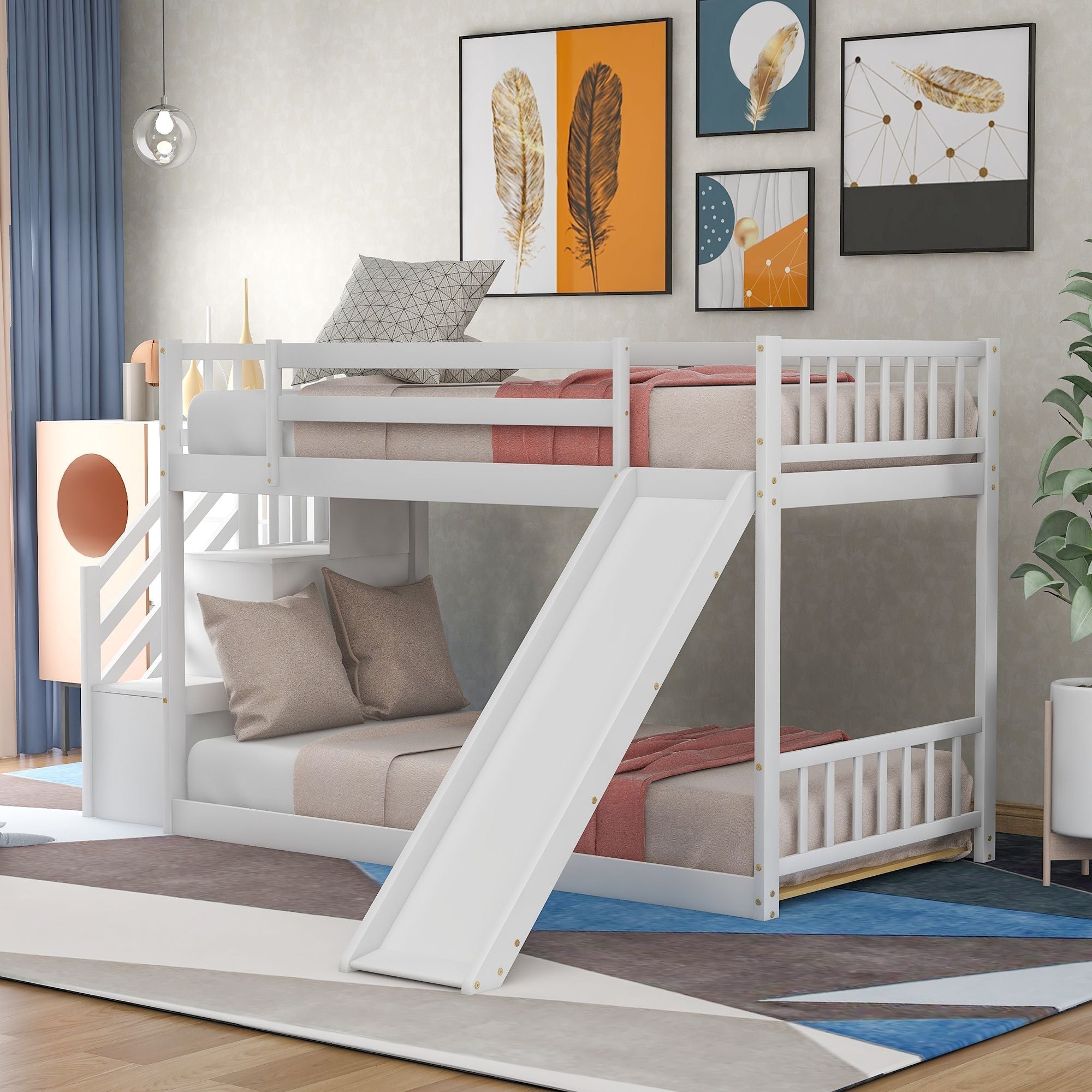 Fun and Safe Twin Over Twin Wood Bunk Bed with Slide and Stairway, Gray or White | Just Better Bunk Beds