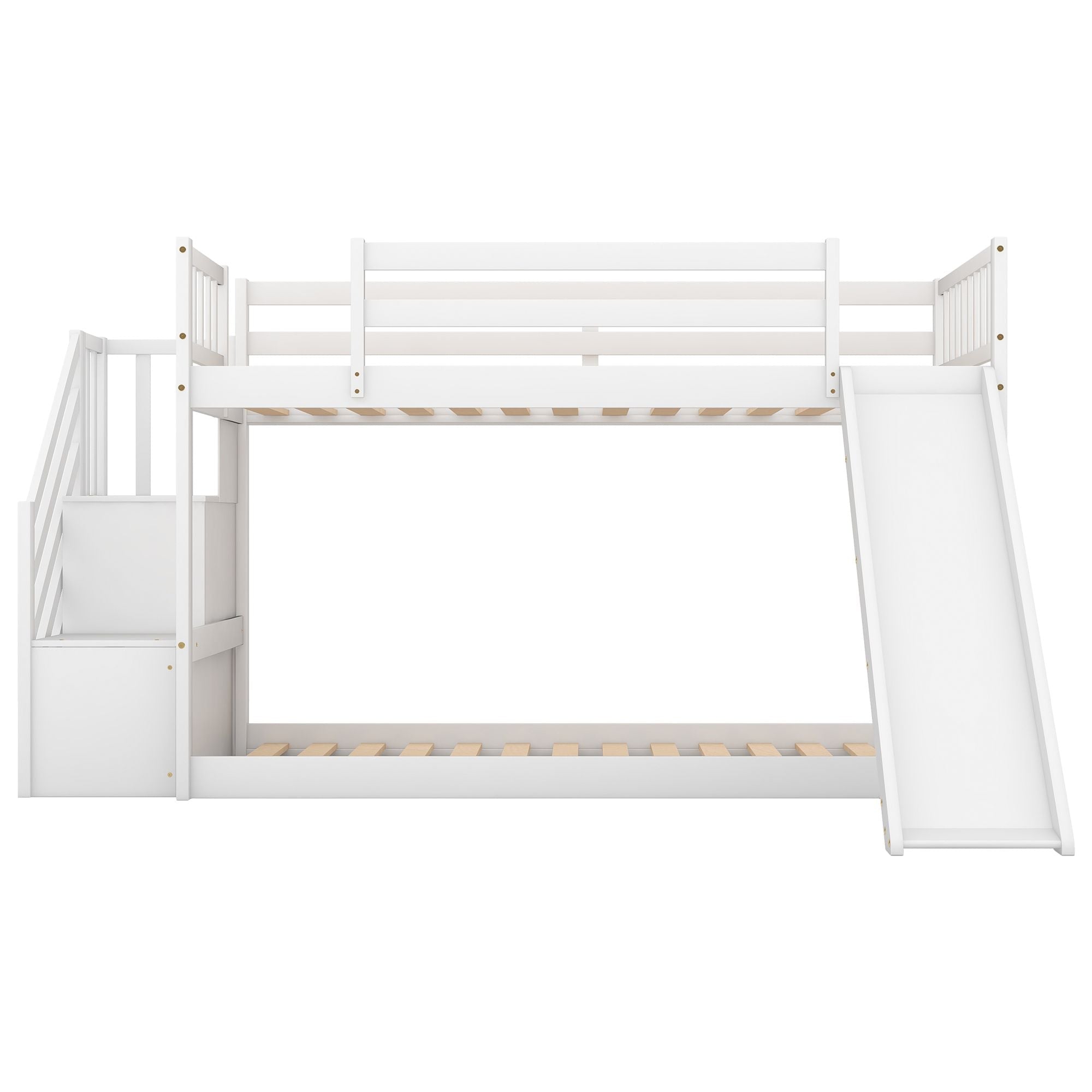 Fun and Safe Twin Over Twin Wood Bunk Bed with Slide and Stairway, Gray or White | Just Better Bunk Beds