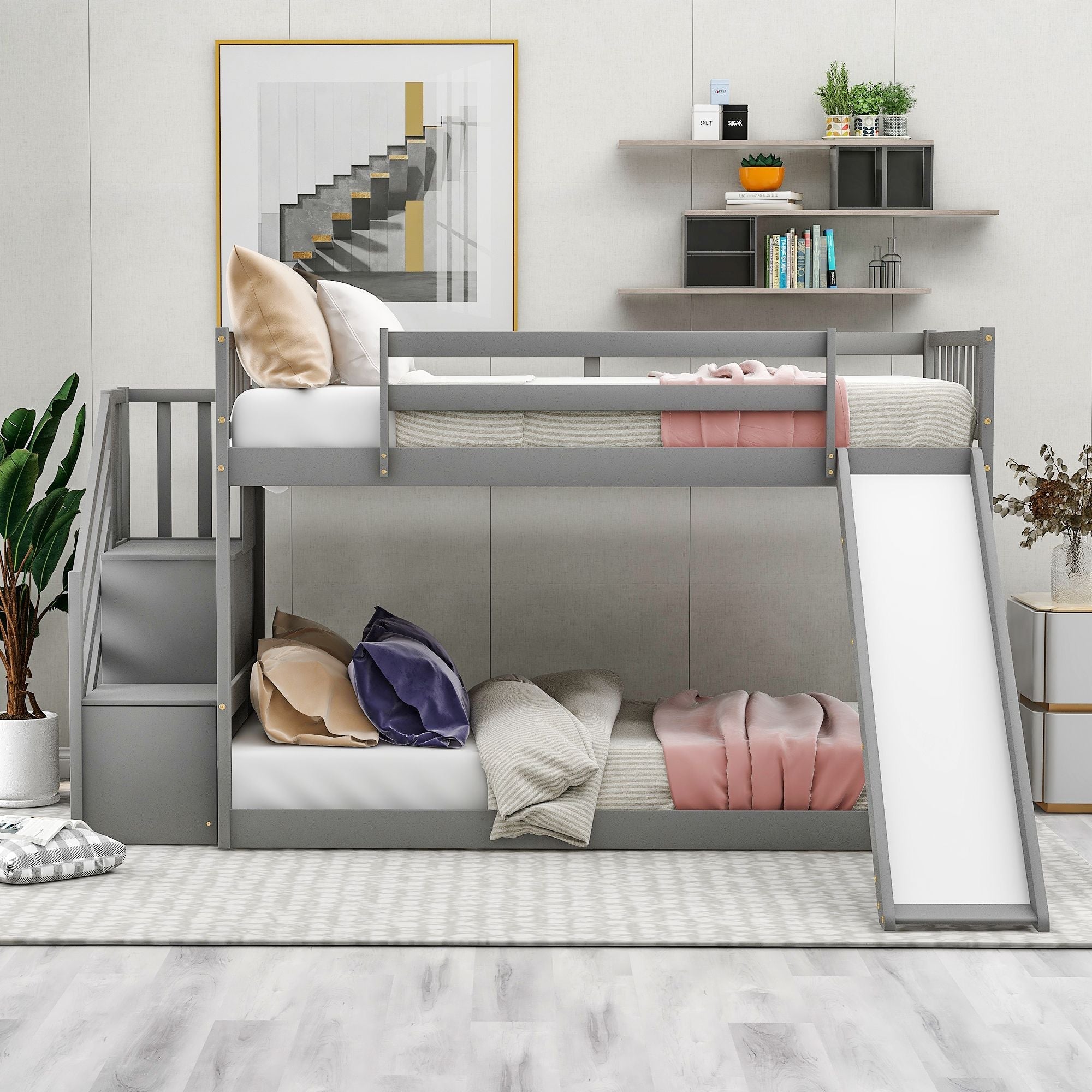 Fun and Safe Twin Over Twin Wood Bunk Bed with Slide and Stairway, Gray or White | Just Better Bunk Beds