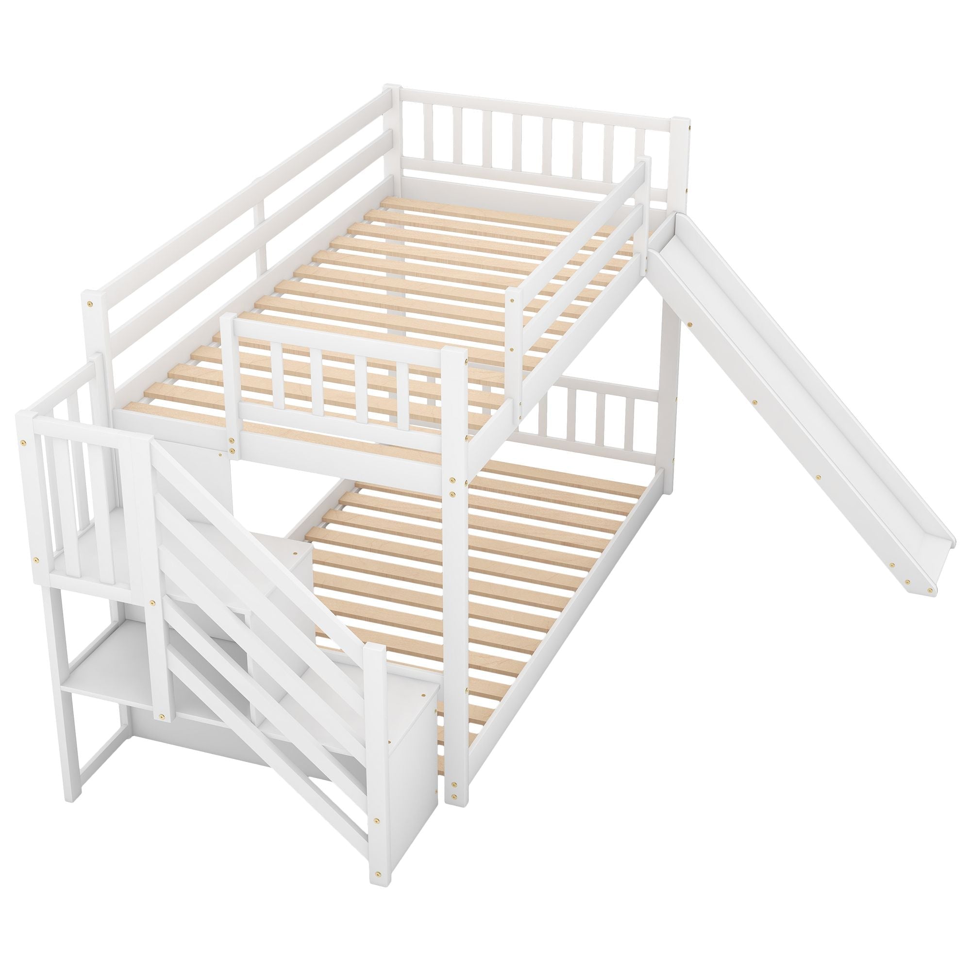 Fun and Safe Twin Over Twin Wood Bunk Bed with Slide and Stairway, Gray or White | Just Better Bunk Beds