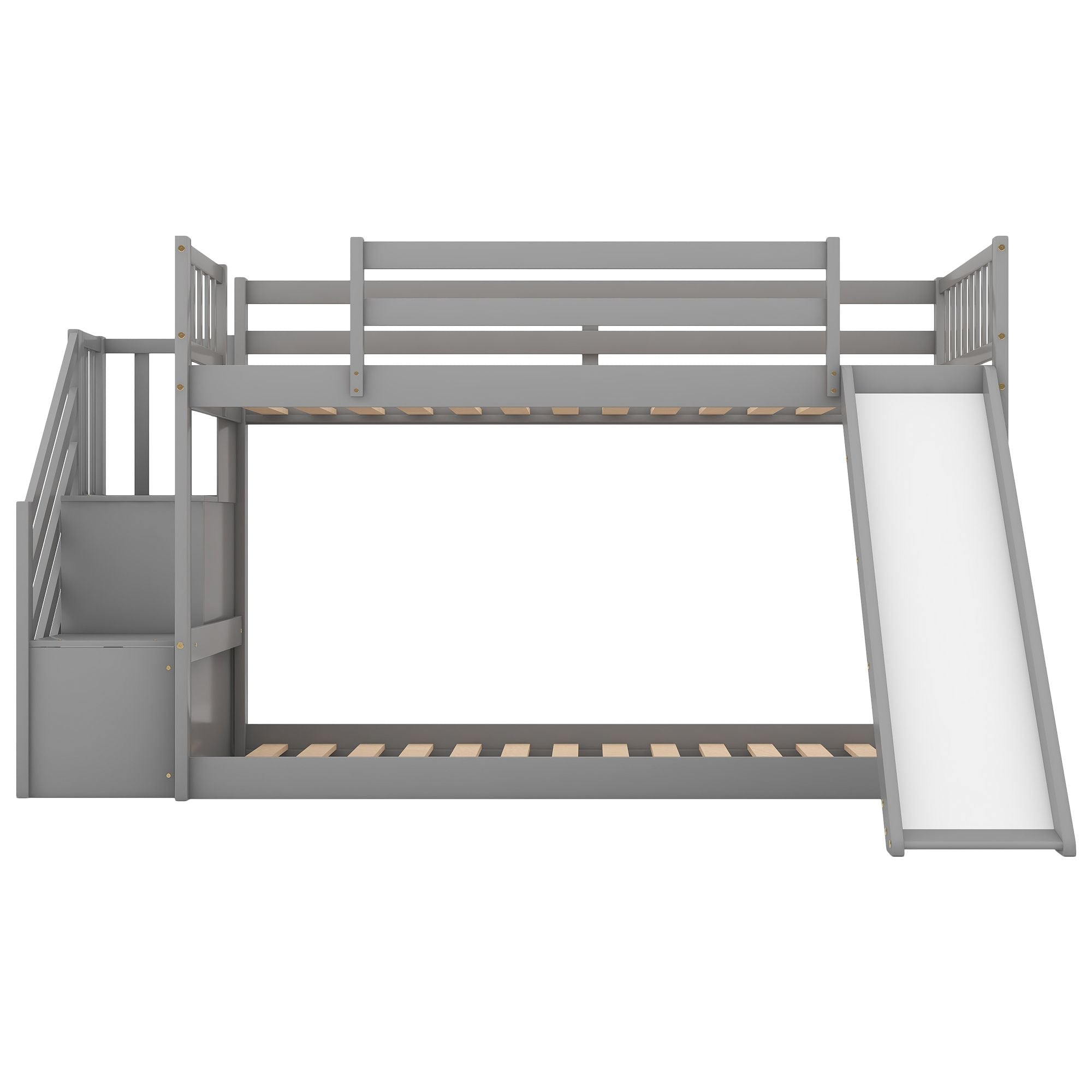 Fun and Safe Twin Over Twin Wood Bunk Bed with Slide and Stairway, Gray or White | Just Better Bunk Beds