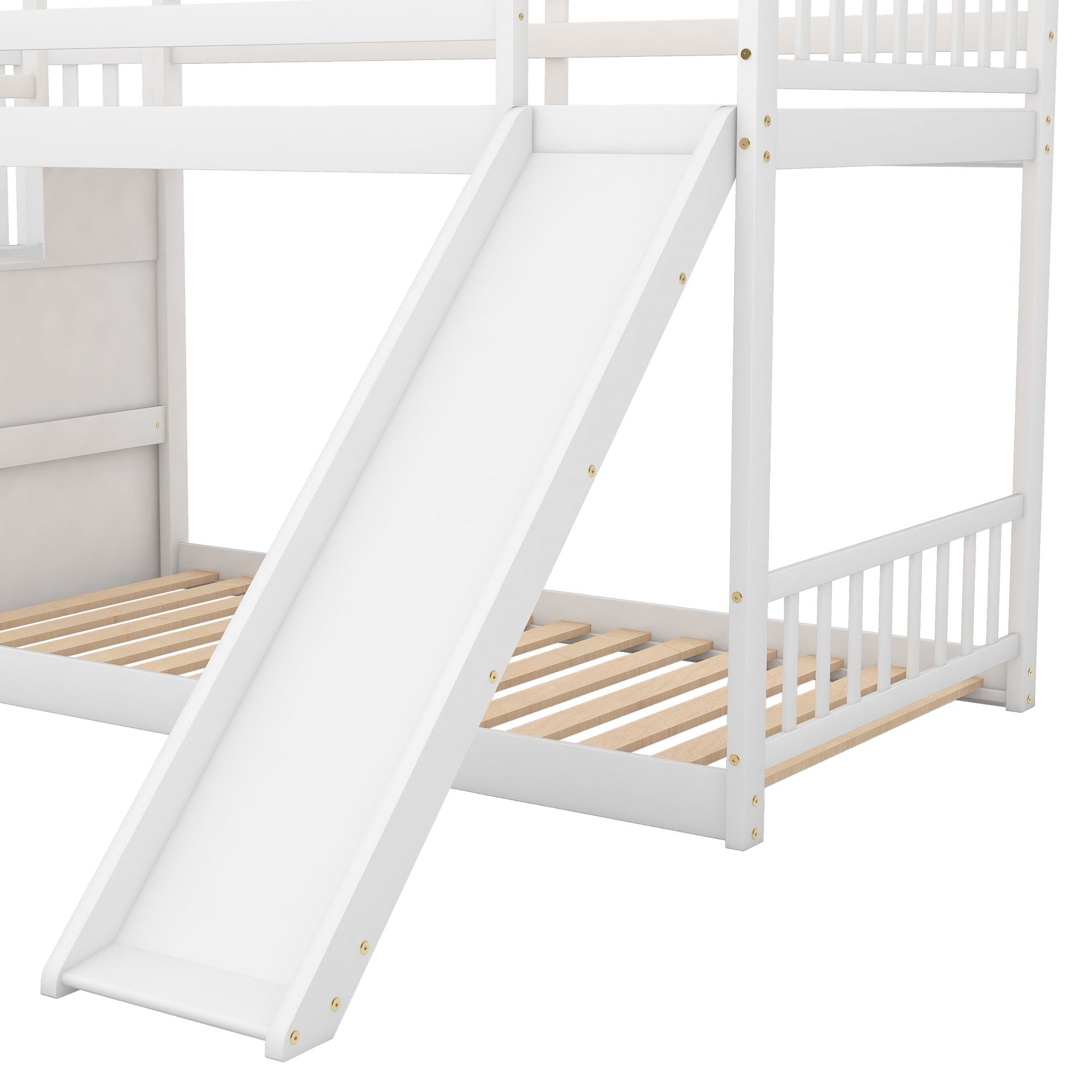 Fun and Safe Twin Over Twin Wood Bunk Bed with Slide and Stairway, Gray or White | Just Better Bunk Beds