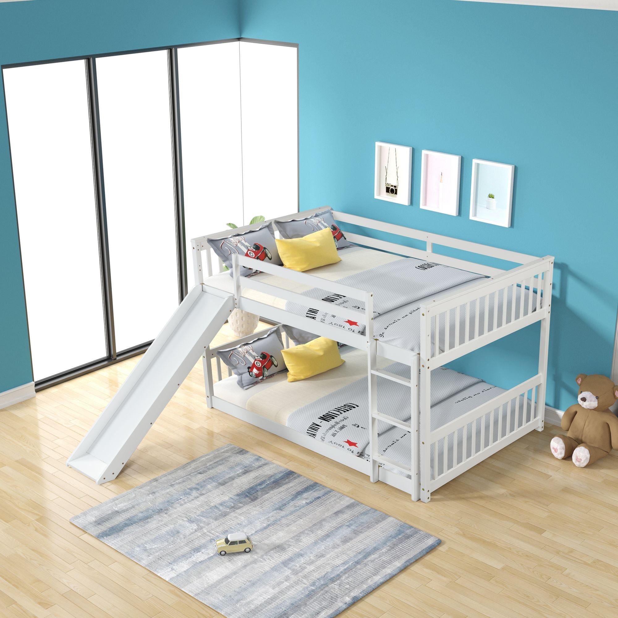 Fun Full Over Full Wood Bunk Bed with Slide and Safety Guardrails, White or Grey | Just Better Bunk Beds