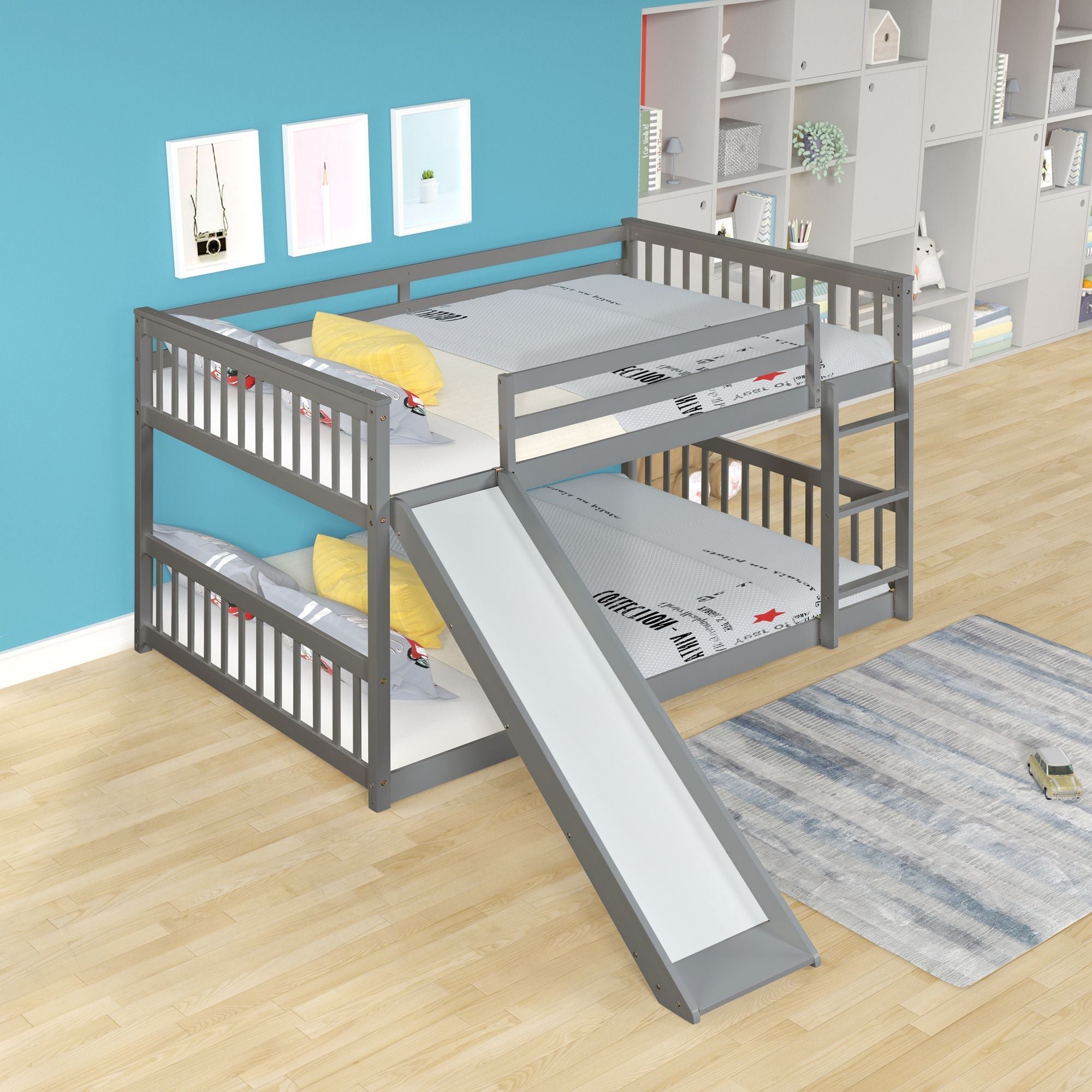 Fun Full Over Full Wood Bunk Bed with Slide and Safety Guardrails, White or Grey | Just Better Bunk Beds