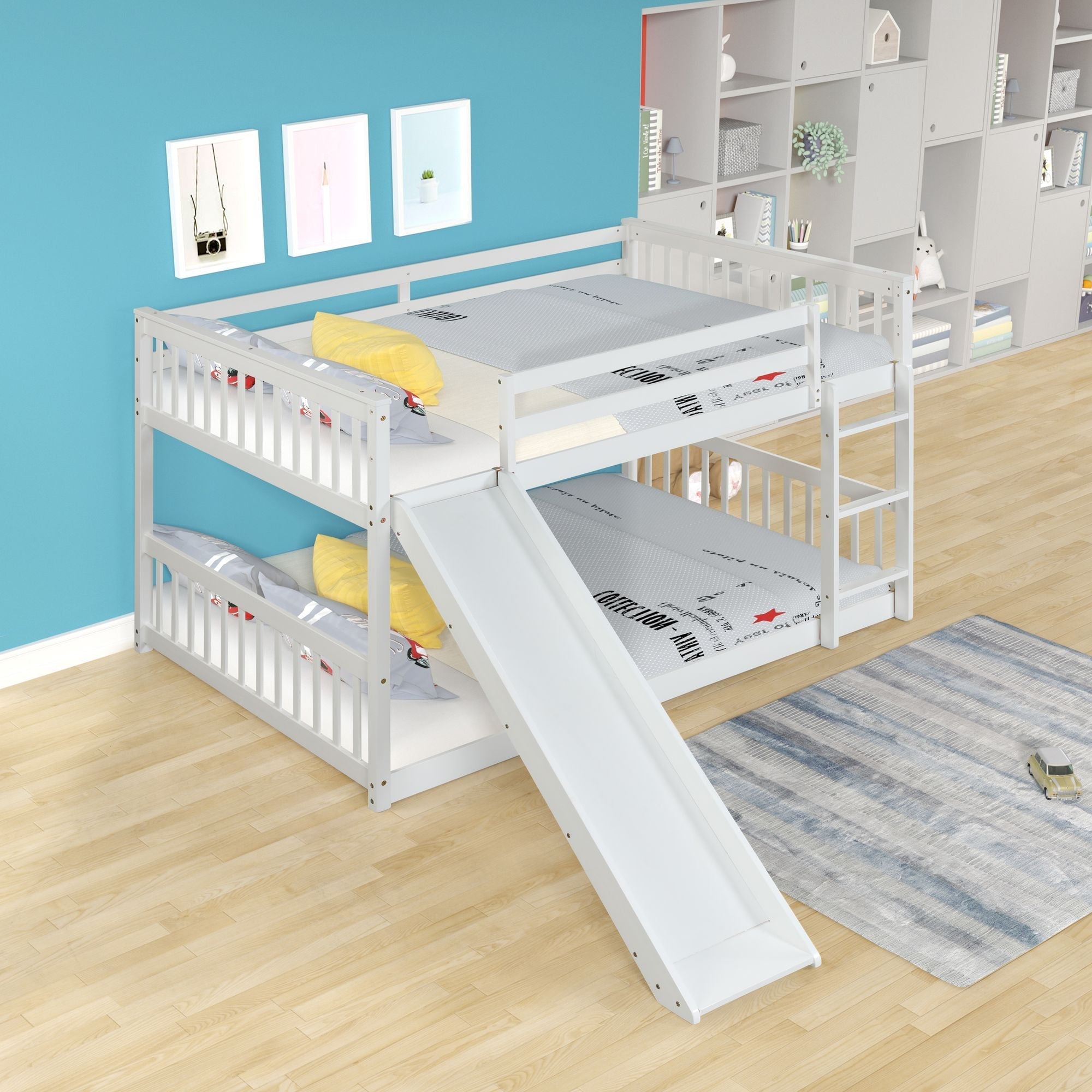 Fun Full Over Full Wood Bunk Bed with Slide and Safety Guardrails, White or Grey | Just Better Bunk Beds