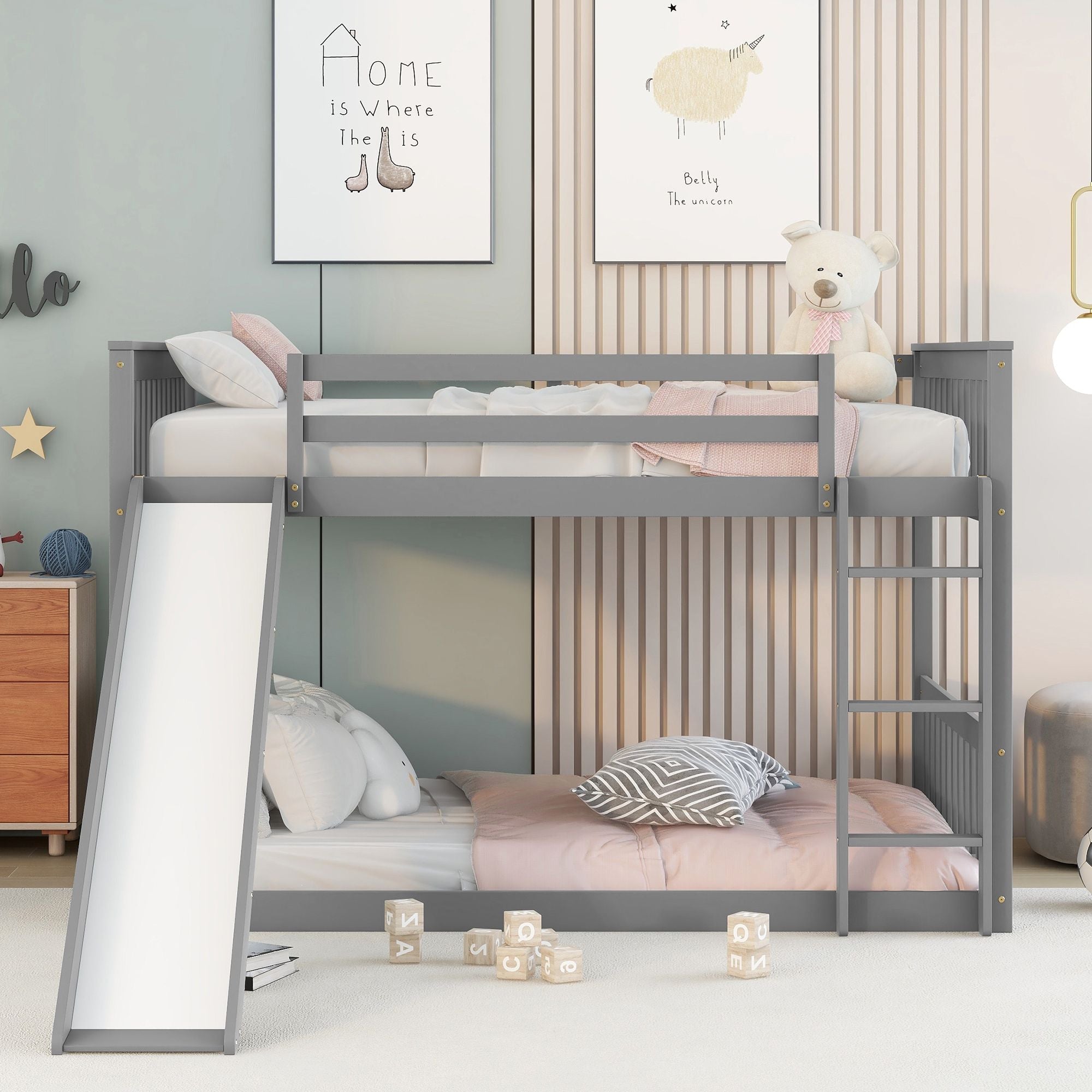 Fun Full Over Full Wood Bunk Bed with Slide and Safety Guardrails, White or Grey | Just Better Bunk Beds