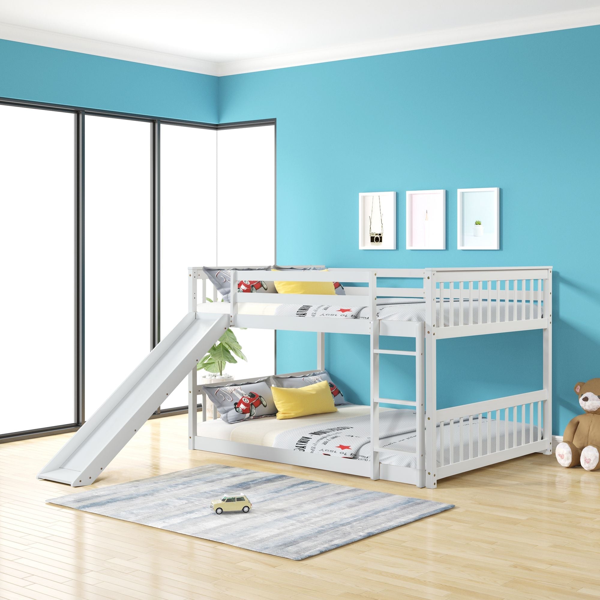 Fun Full Over Full Wood Bunk Bed with Slide and Safety Guardrails, White or Grey | Just Better Bunk Beds