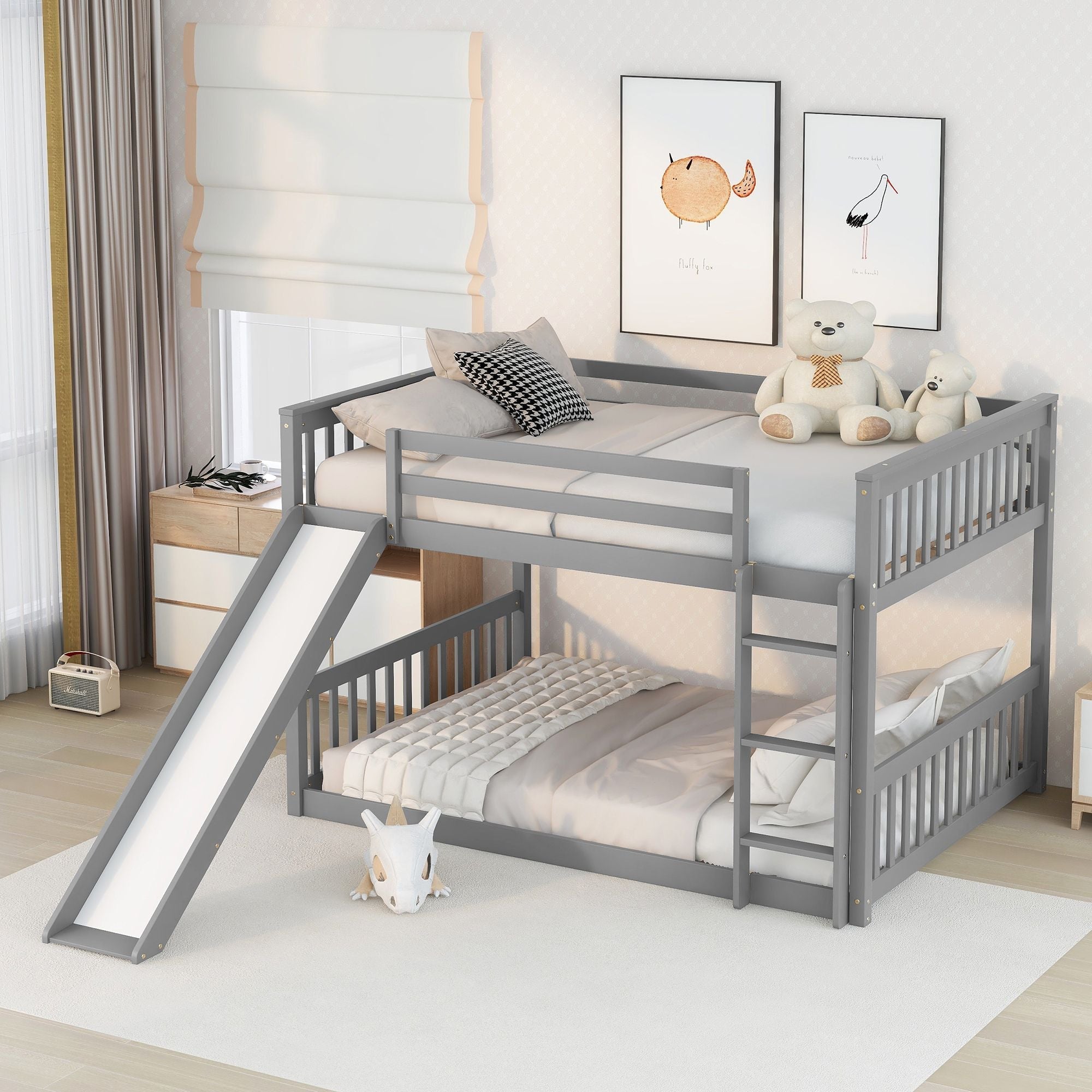 Fun Full Over Full Wood Bunk Bed with Slide and Safety Guardrails, White or Grey | Just Better Bunk Beds