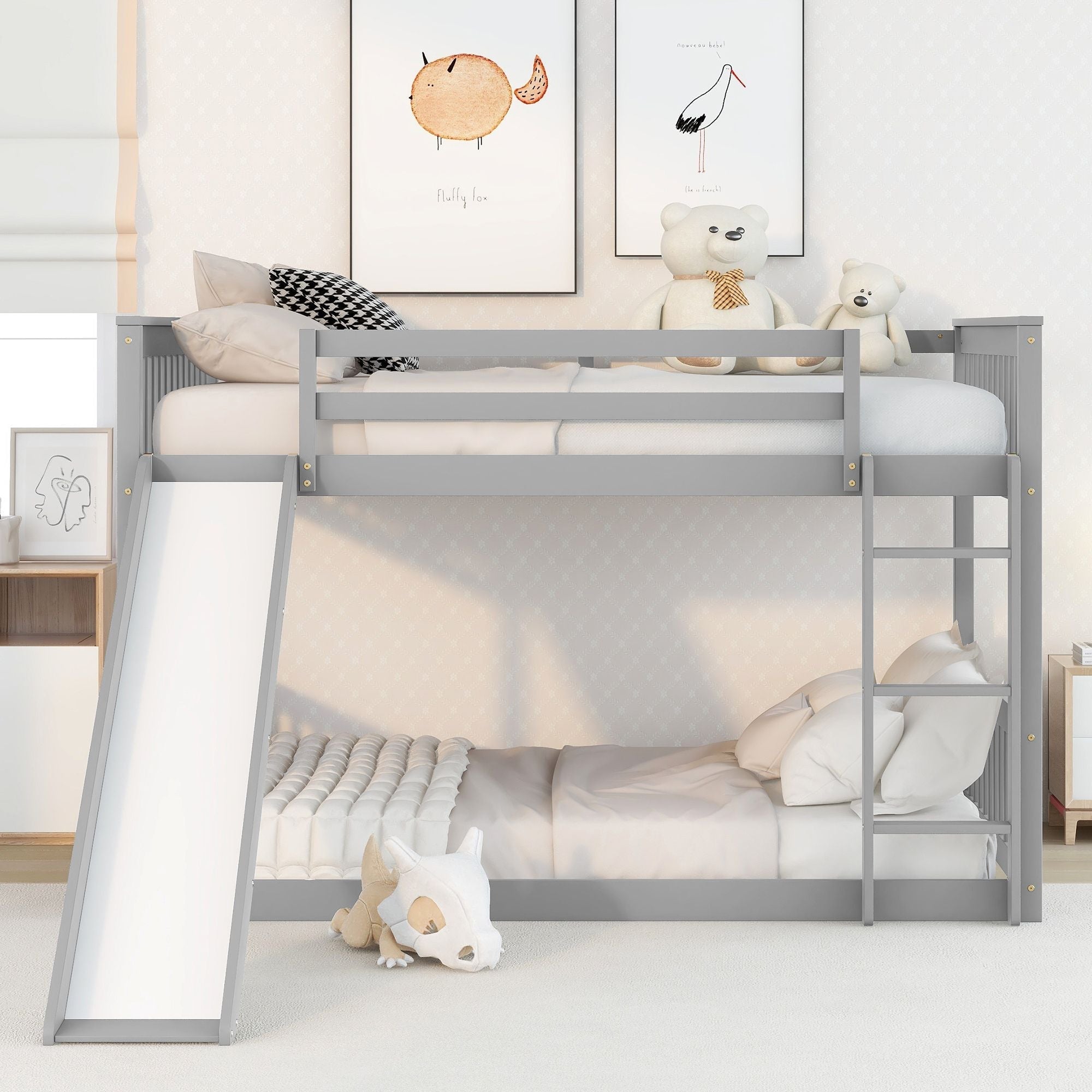Fun Full over Full Wood Bunk Bed with Slide in White or Grey | Just Better Bunk Beds