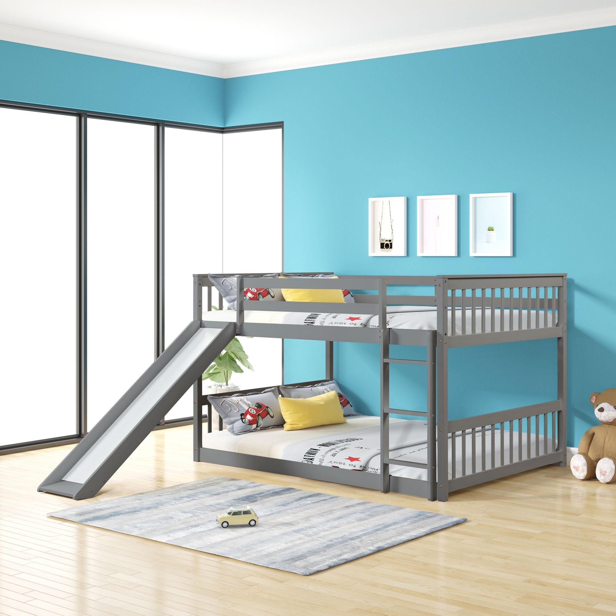 Fun Full over Full Wood Bunk Bed with Slide in White or Grey | Just Better Bunk Beds