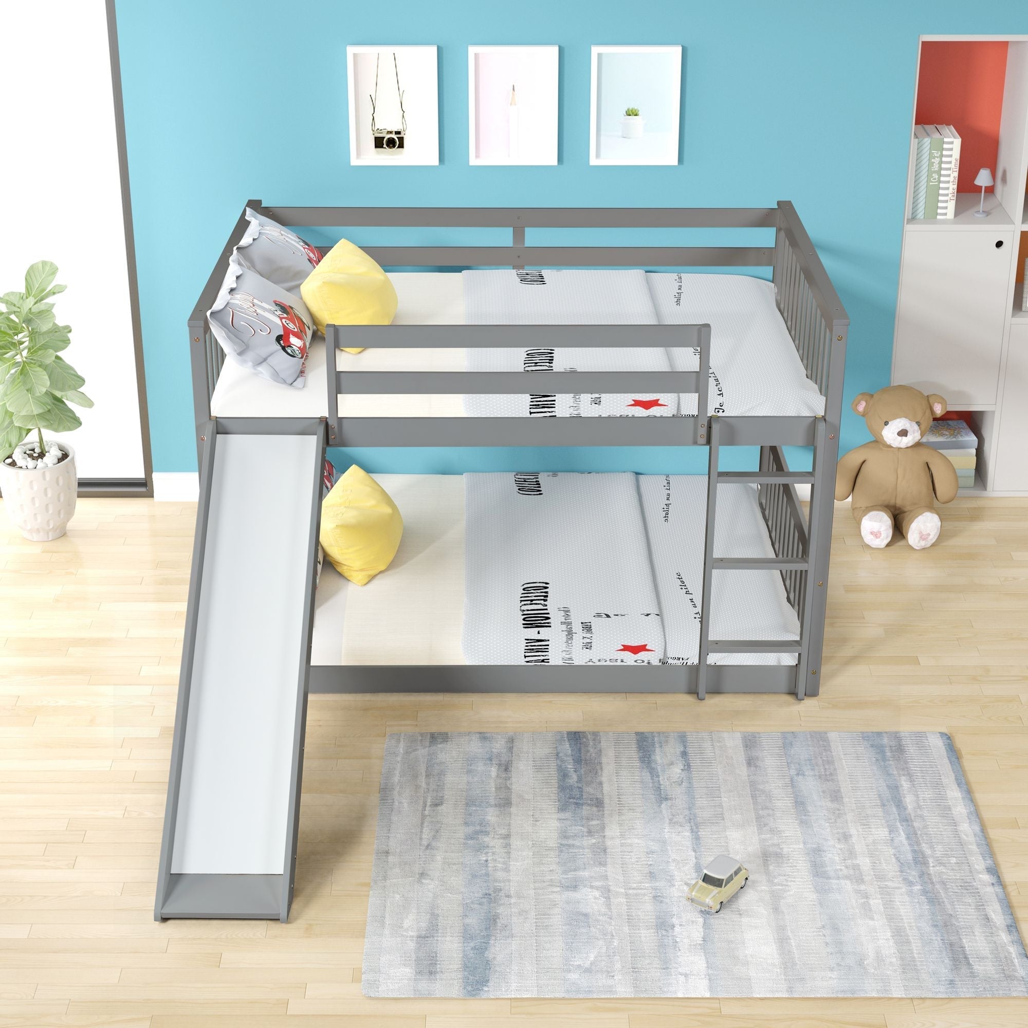 Fun Full over Full Wood Bunk Bed with Slide in White or Grey | Just Better Bunk Beds