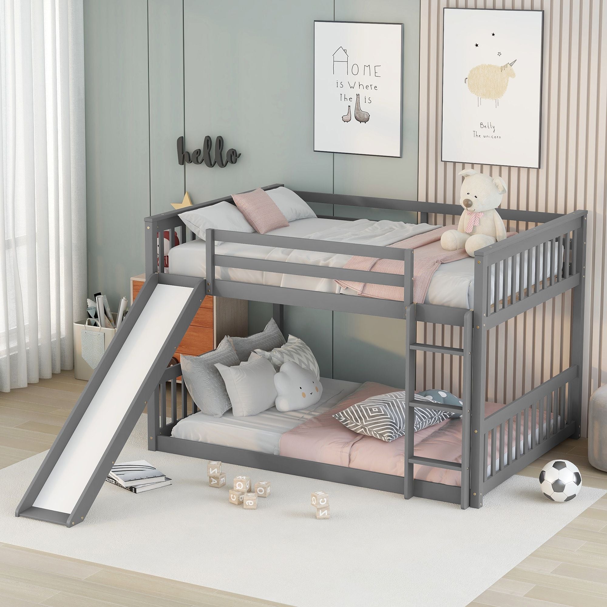 Fun Full over Full Wood Bunk Bed with Slide in White or Grey | Just Better Bunk Beds