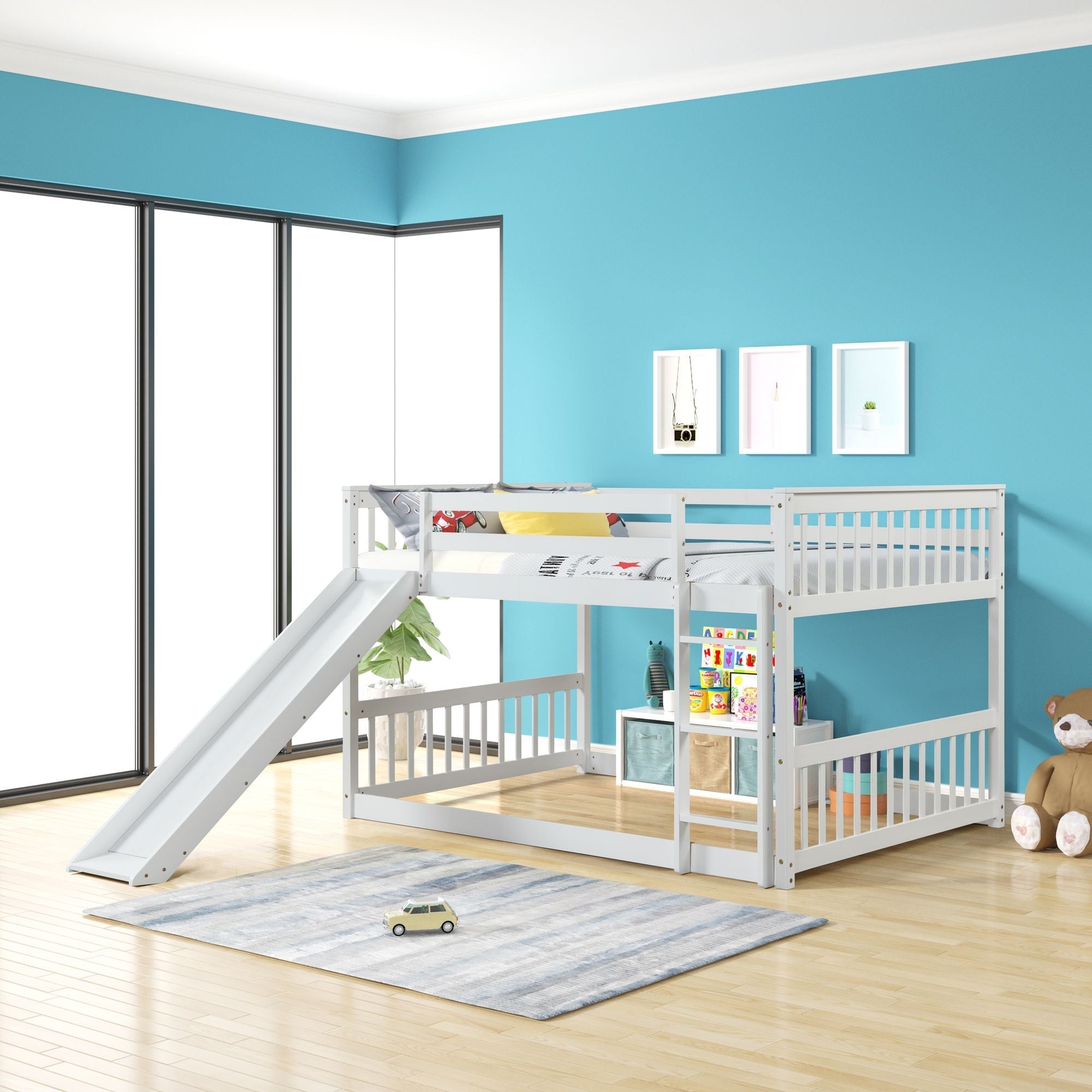 Fun Full over Full Wood Bunk Bed with Slide in White or Grey | Just Better Bunk Beds