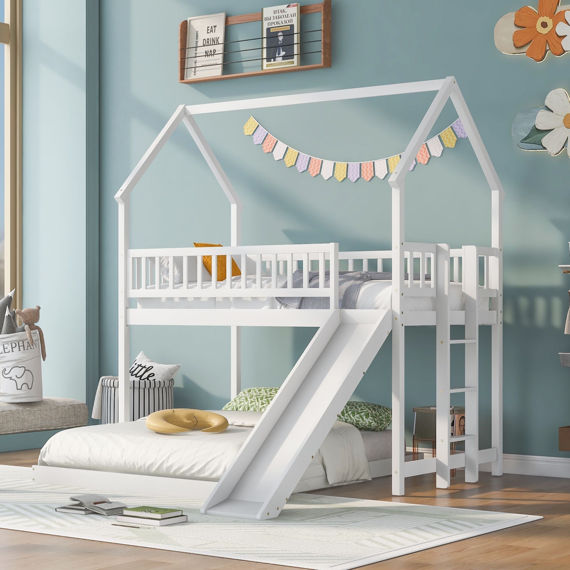 Fun Twin over Full Wood Bunk Bed with Slide, Built-in Ladder, Full-Length Guardrails, White | Just Better Bunk Beds