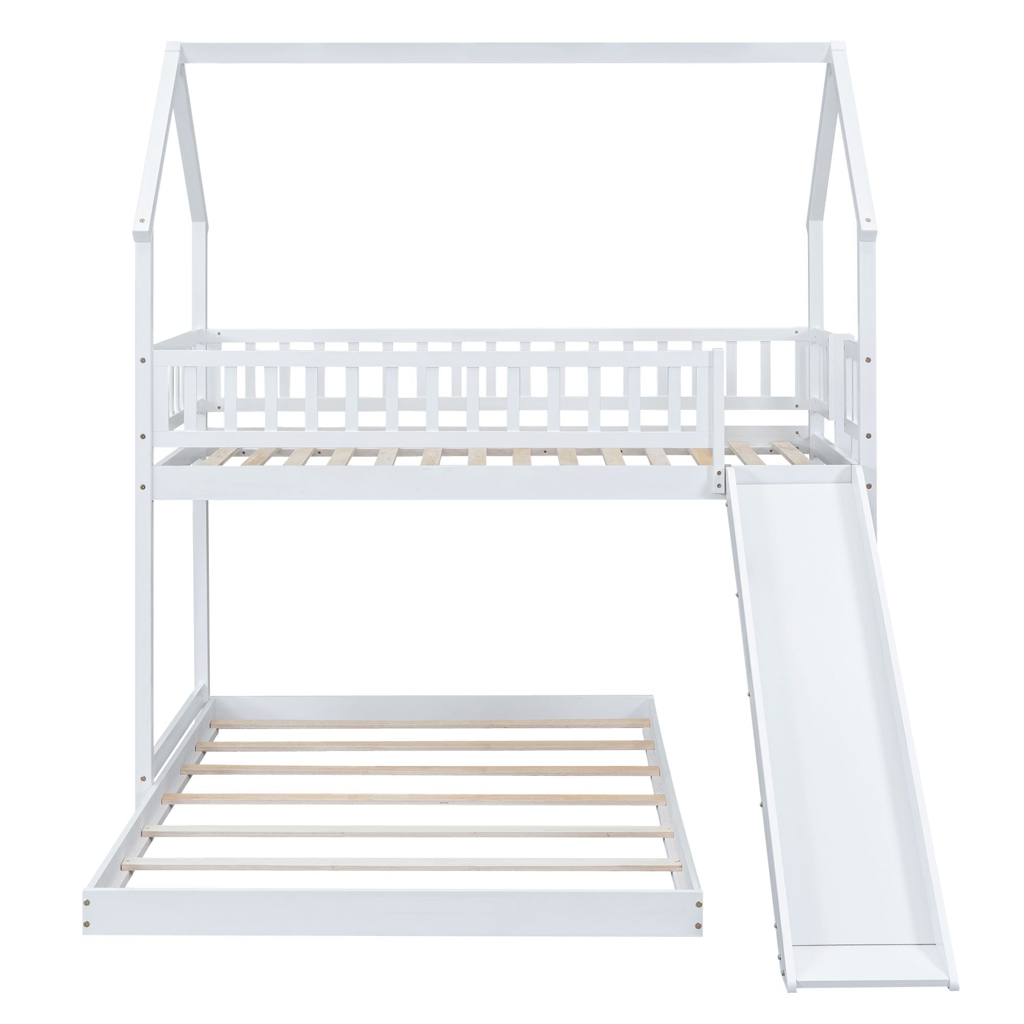 Fun Twin over Full Wood Bunk Bed with Slide, Built-in Ladder, Full-Length Guardrails, White | Just Better Bunk Beds