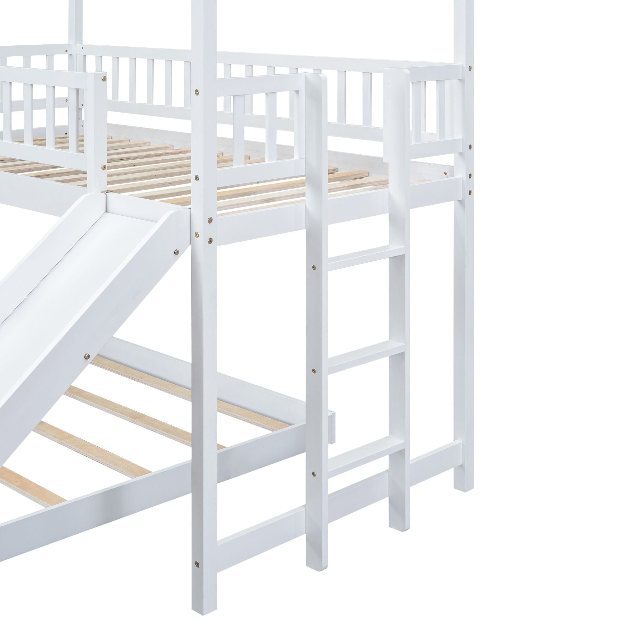 Fun Twin over Full Wood Bunk Bed with Slide, Built-in Ladder, Full-Length Guardrails, White | Just Better Bunk Beds