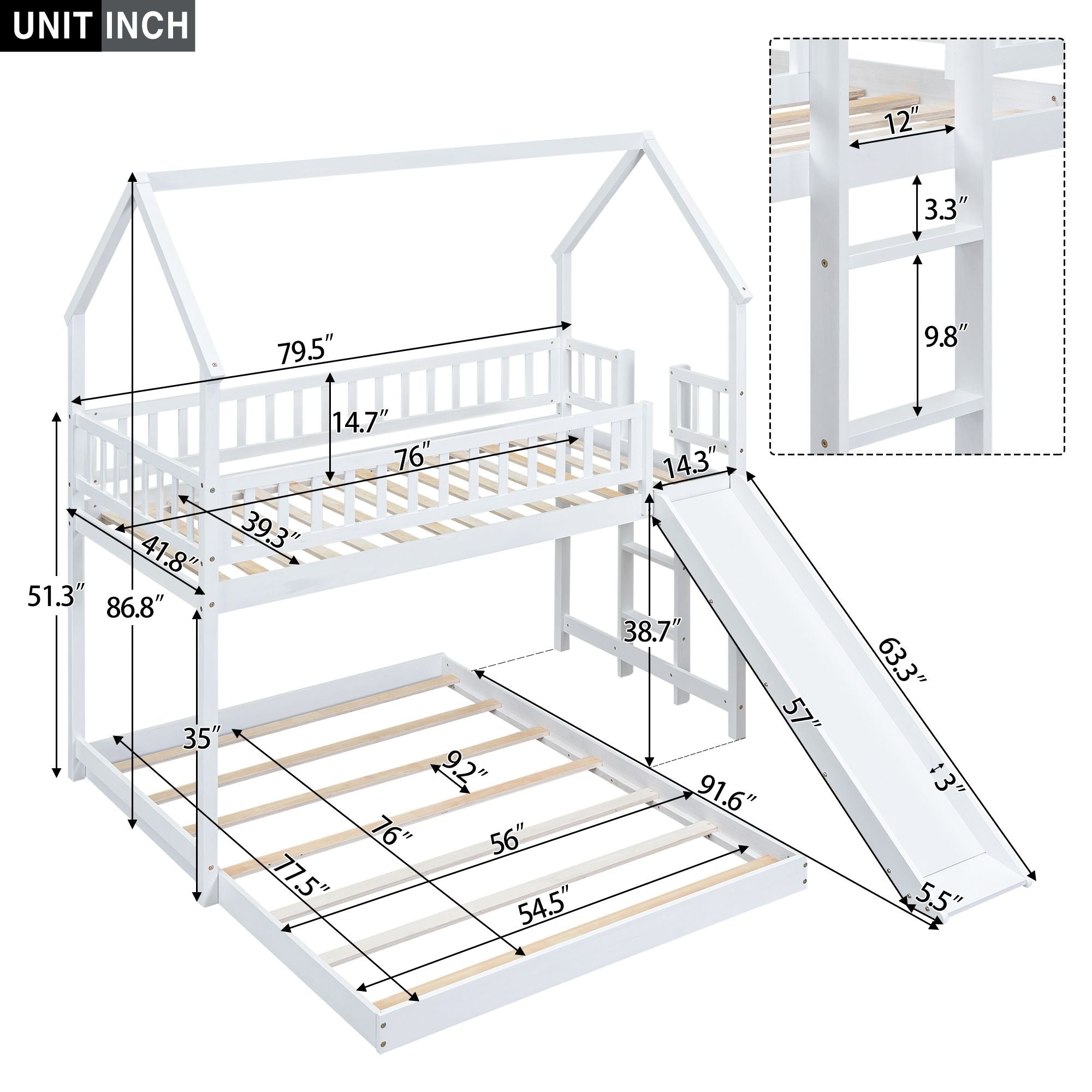 Fun Twin over Full Wood Bunk Bed with Slide, Built-in Ladder, Full-Length Guardrails, White | Just Better Bunk Beds
