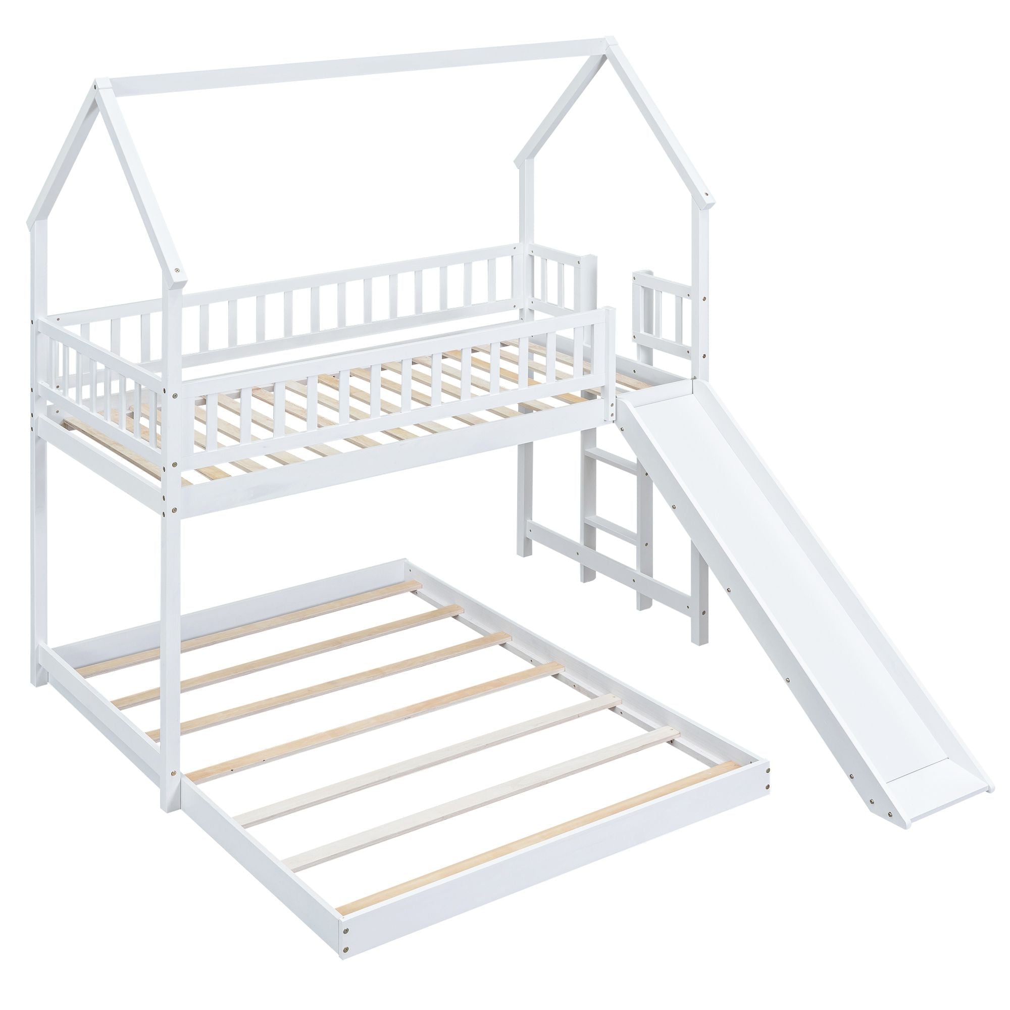 Fun Twin over Full Wood Bunk Bed with Slide, Built-in Ladder, Full-Length Guardrails, White | Just Better Bunk Beds