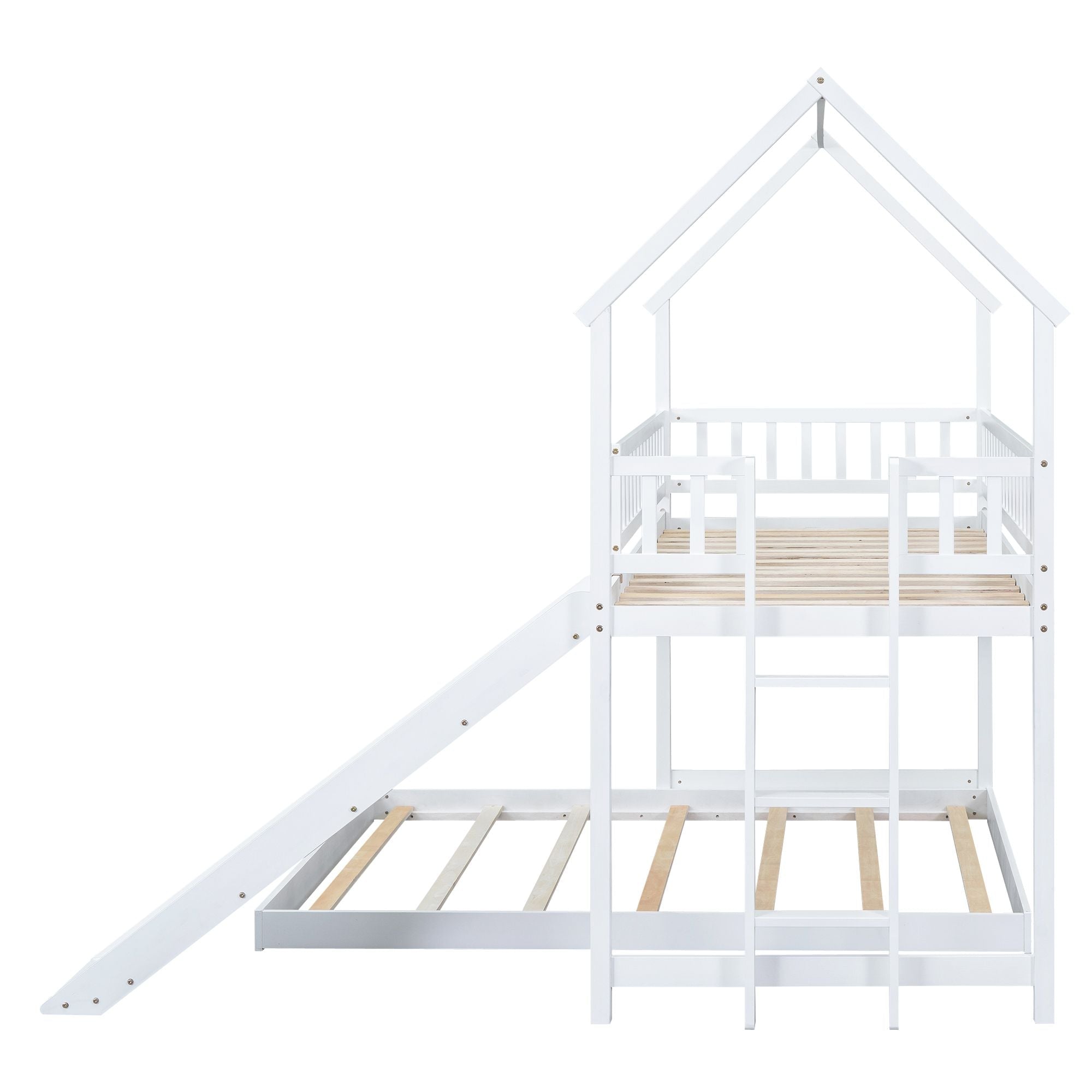 Fun Twin over Full Wood Bunk Bed with Slide, Built-in Ladder, Full-Length Guardrails, White | Just Better Bunk Beds