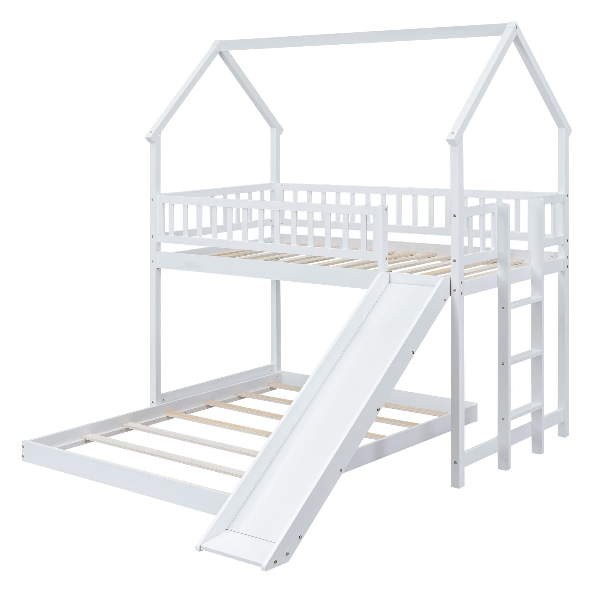 Fun Twin over Full Wood Bunk Bed with Slide, Built-in Ladder, Full-Length Guardrails, White | Just Better Bunk Beds