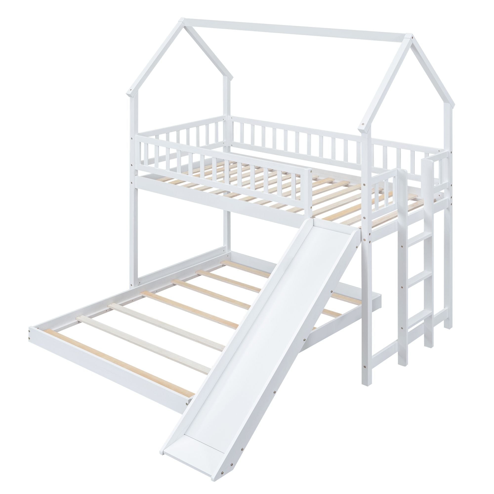 Fun Twin over Full Wood Bunk Bed with Slide, Built-in Ladder, Full-Length Guardrails, White | Just Better Bunk Beds