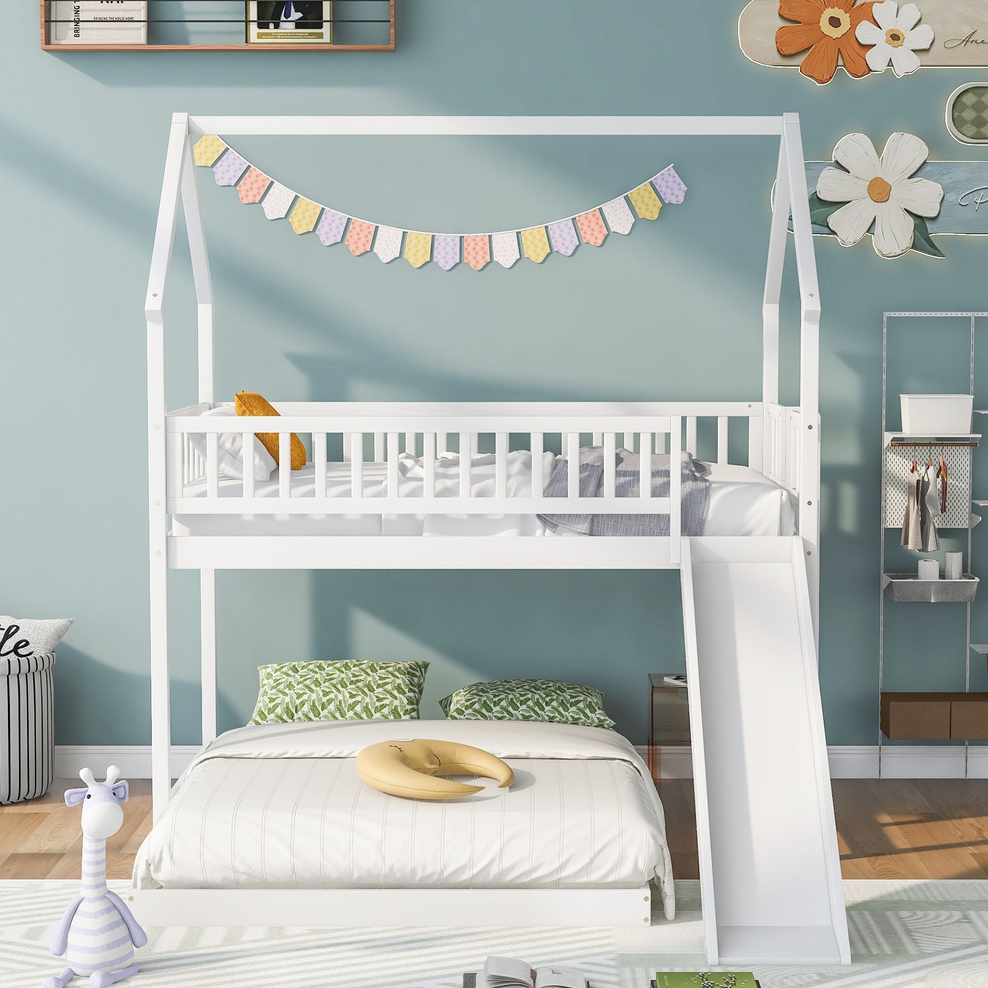 Fun Twin over Full Wood Bunk Bed with Slide, Built-in Ladder, Full-Length Guardrails, White | Just Better Bunk Beds