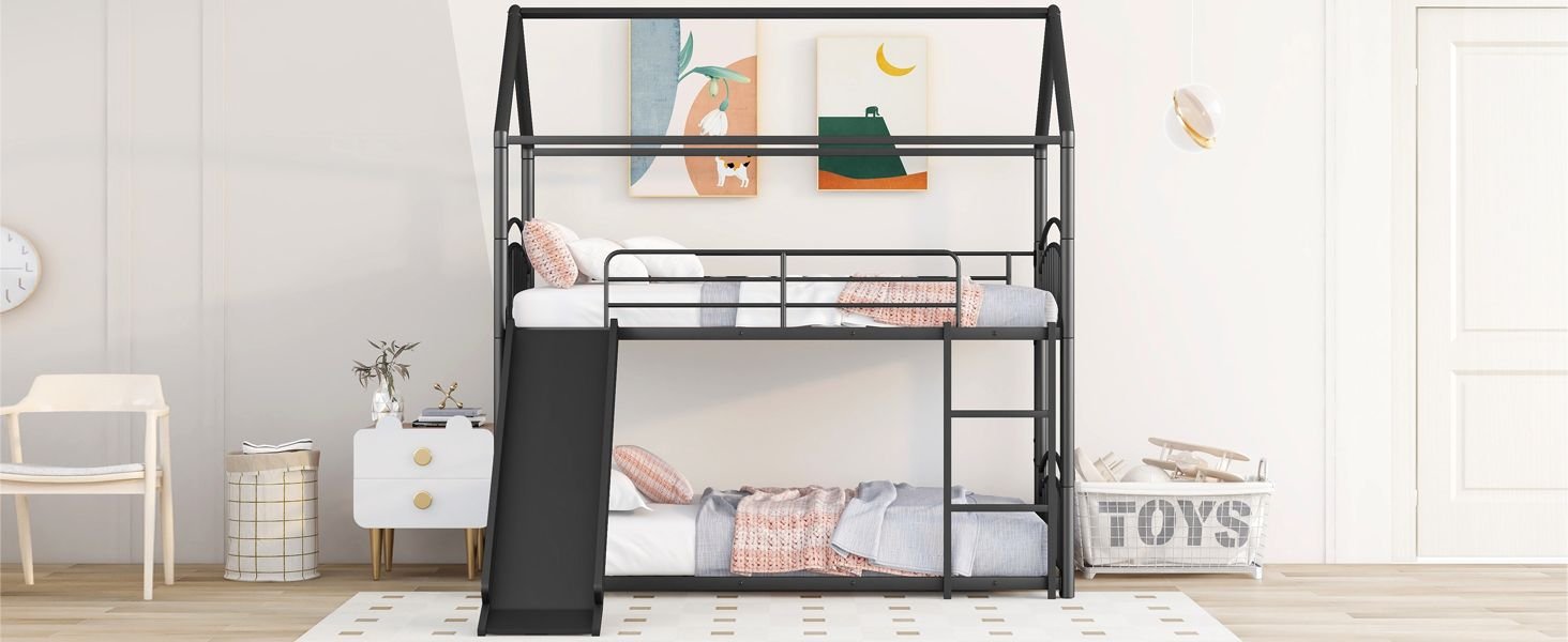 Fun Twin Over Twin Metal Bunk Bed with Slide for Kids, Black, Sturdy & Space-Saving | Just Better Bunk Beds