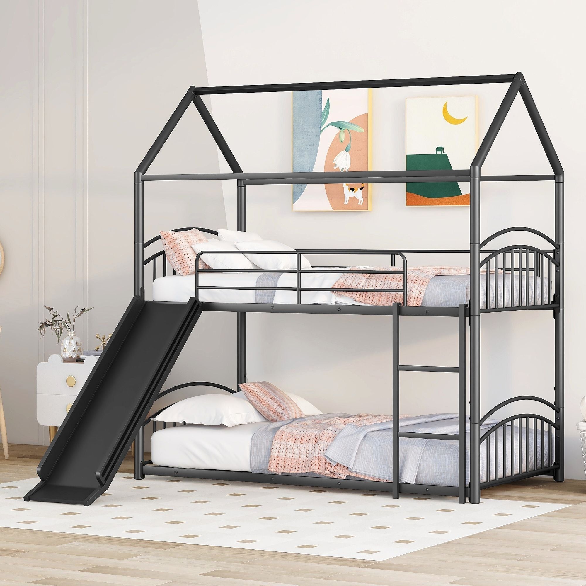 Fun Twin Over Twin Metal Bunk Bed with Slide for Kids, Black, Sturdy & Space-Saving | Just Better Bunk Beds