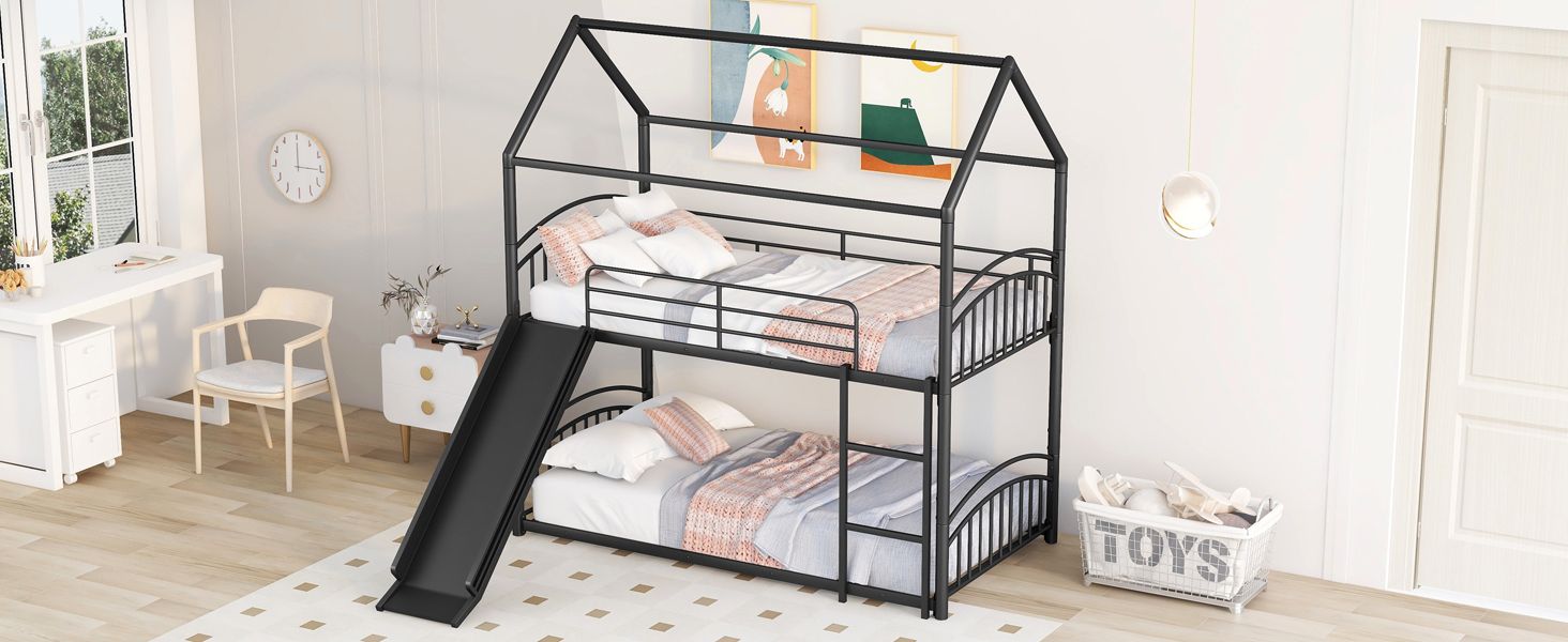 Fun Twin Over Twin Metal Bunk Bed with Slide for Kids, Black, Sturdy & Space-Saving | Just Better Bunk Beds