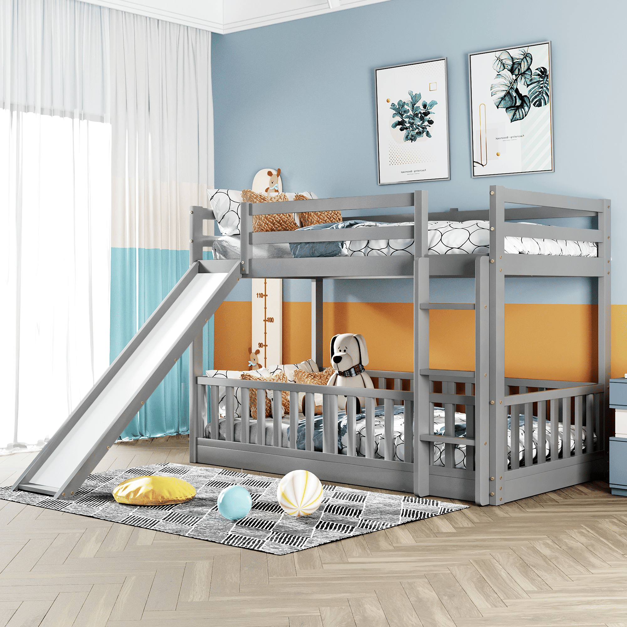Fun Twin Over Twin Wood Bunk Bed with Slide and Reversible Ladder, White, Gray, Espresso | Just Better Bunk Beds