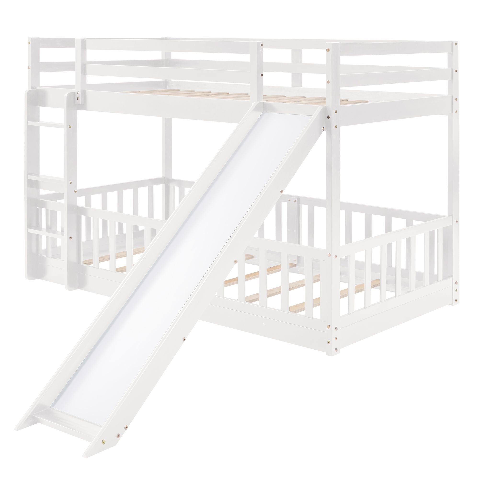 Fun Twin Over Twin Wood Bunk Bed with Slide and Reversible Ladder, White, Gray, Espresso | Just Better Bunk Beds