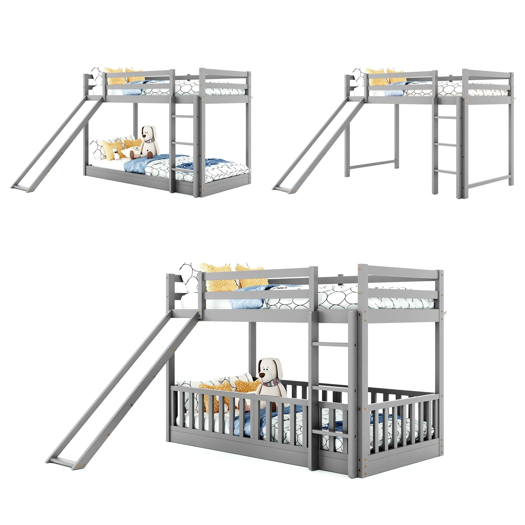 Fun Twin Over Twin Wood Bunk Bed with Slide and Reversible Ladder, White, Gray, Espresso | Just Better Bunk Beds