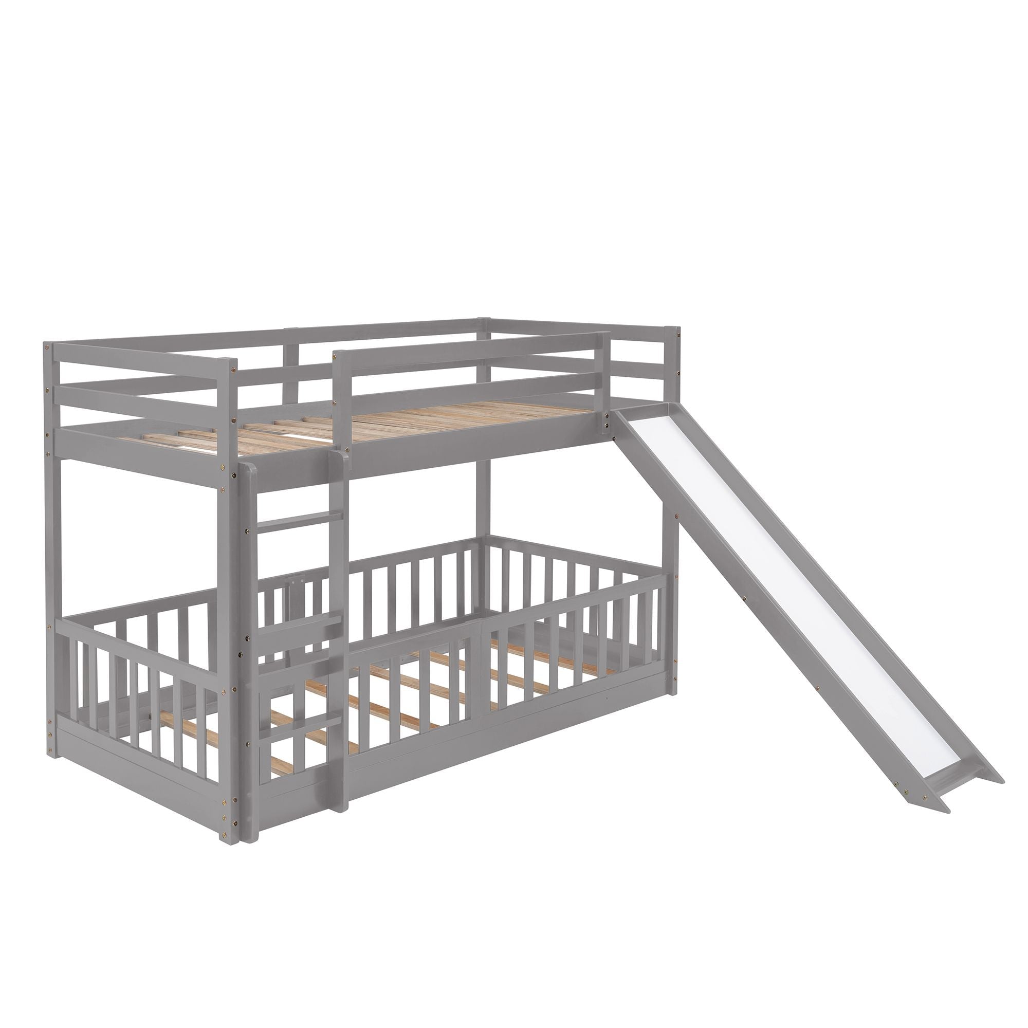 Fun Twin Over Twin Wood Bunk Bed with Slide and Reversible Ladder, White, Gray, Espresso | Just Better Bunk Beds