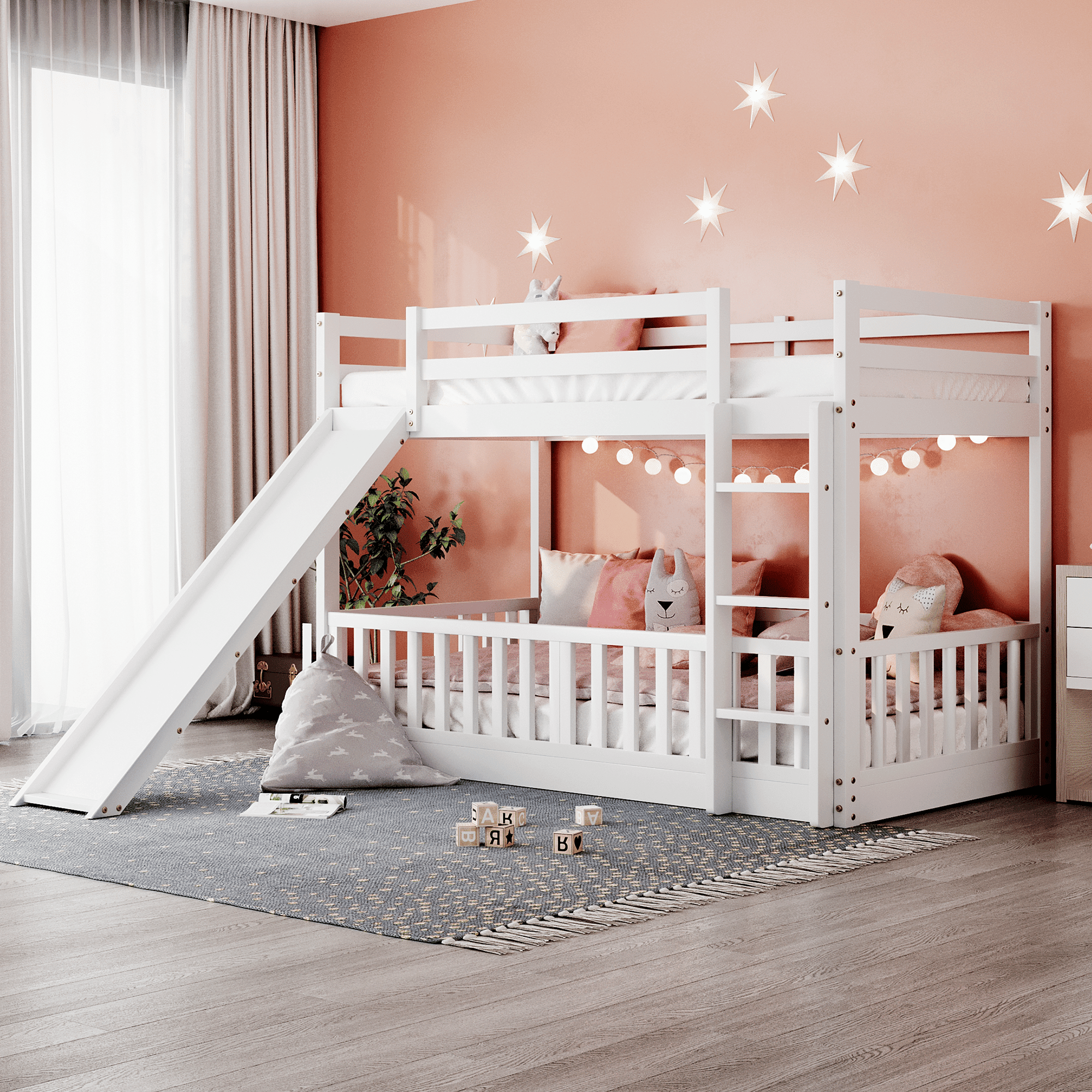 Fun Twin Over Twin Wood Bunk Bed with Slide and Reversible Ladder, White, Gray, Espresso | Just Better Bunk Beds