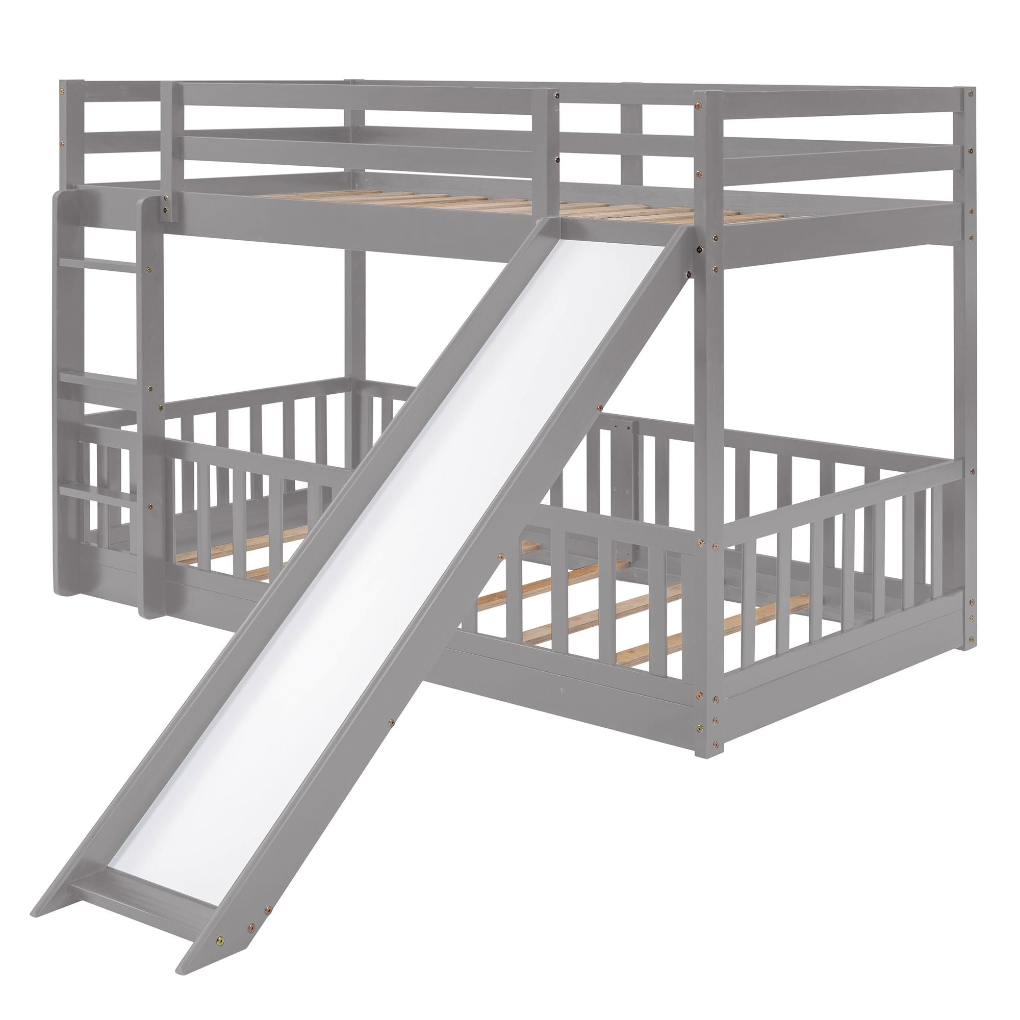 Fun Twin Over Twin Wood Bunk Bed with Slide and Reversible Ladder, White, Gray, Espresso | Just Better Bunk Beds