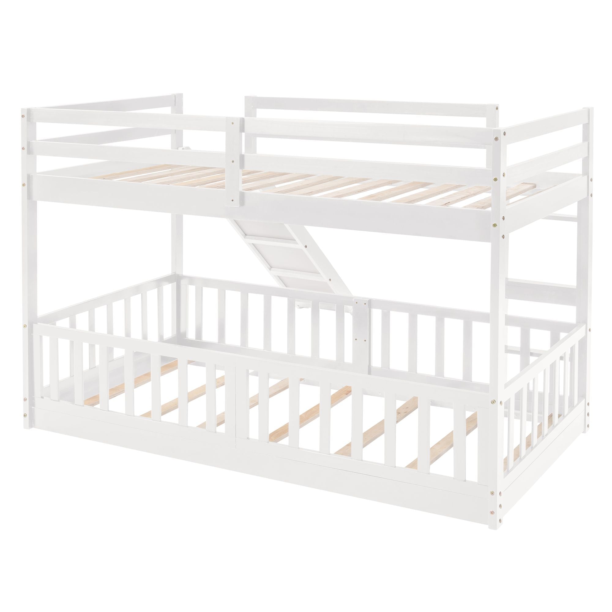 Fun Twin Over Twin Wood Bunk Bed with Slide and Reversible Ladder, White, Gray, Espresso | Just Better Bunk Beds
