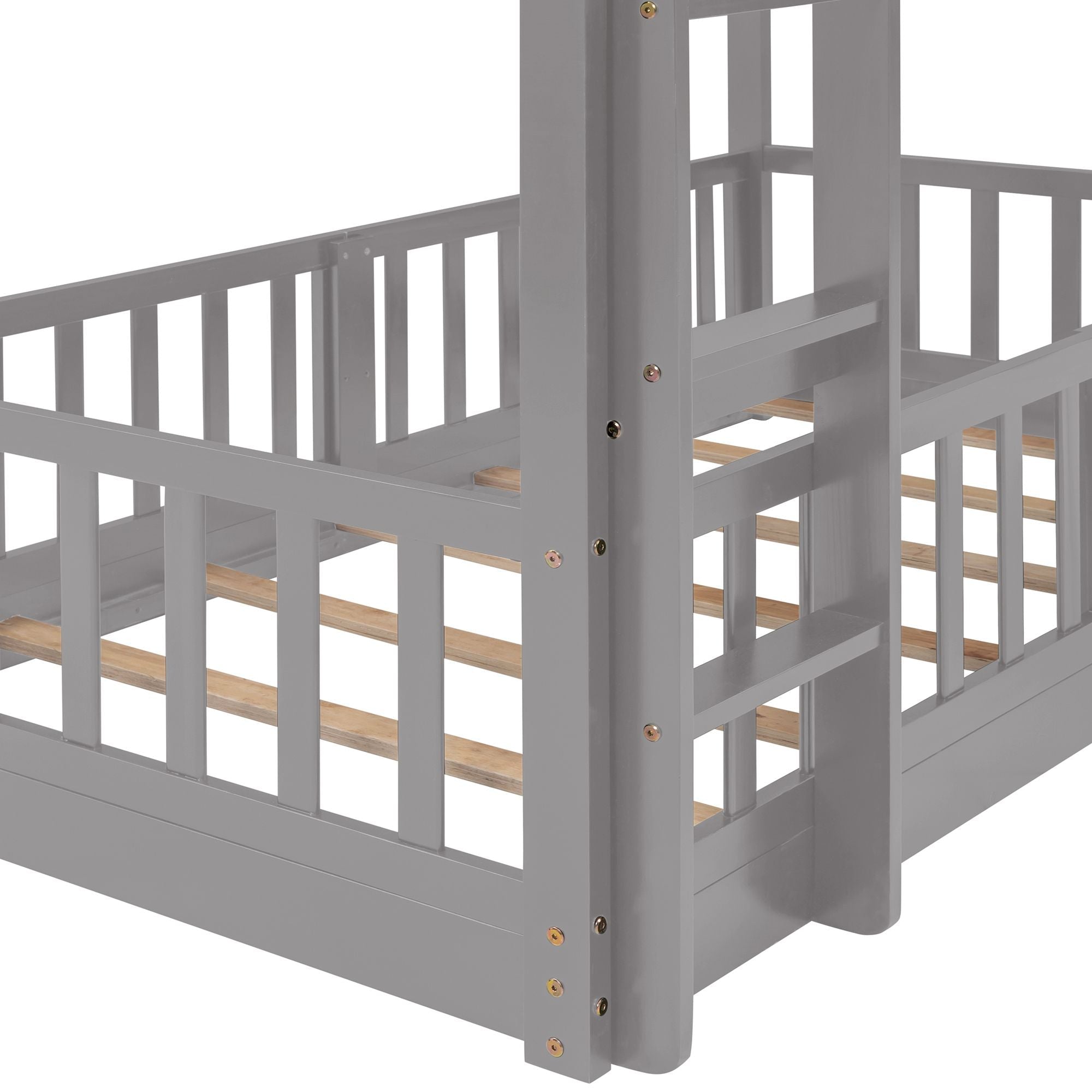 Fun Twin Over Twin Wood Bunk Bed with Slide and Reversible Ladder, White, Gray, Espresso | Just Better Bunk Beds