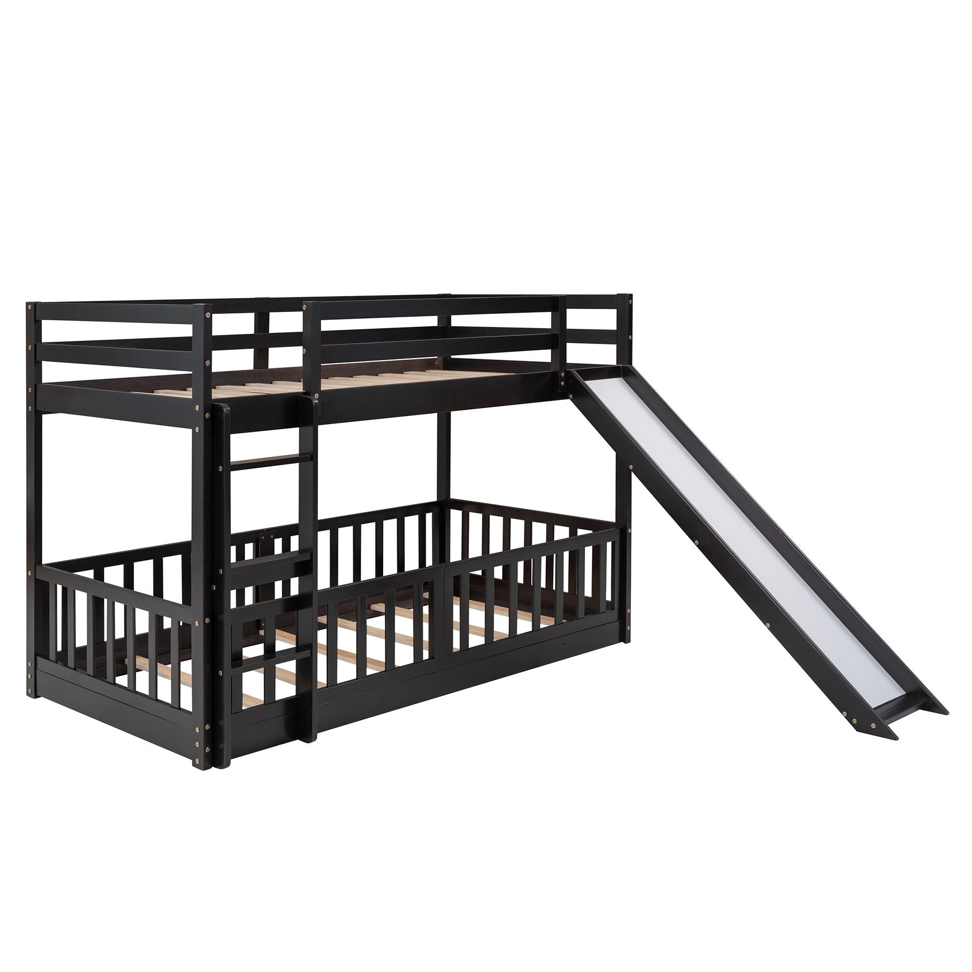 Fun Twin Over Twin Wood Bunk Bed with Slide and Reversible Ladder, White, Gray, Espresso | Just Better Bunk Beds