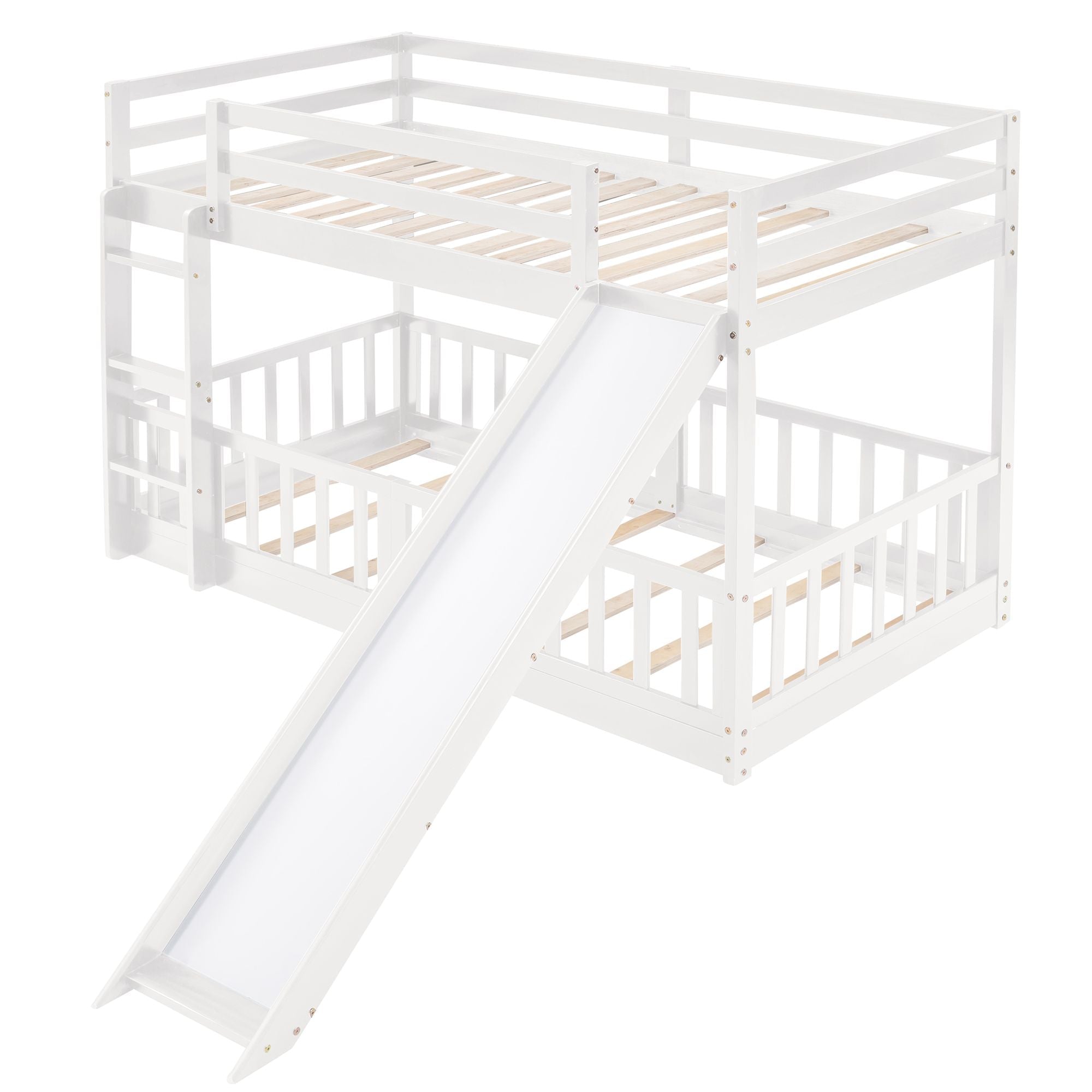 Fun Twin Over Twin Wood Bunk Bed with Slide and Reversible Ladder, White, Gray, Espresso | Just Better Bunk Beds
